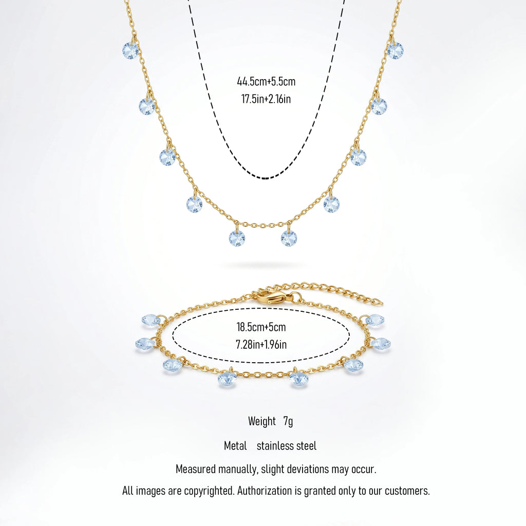 QIAOREN 11935 Waterproof Blue Zirconia Jewelry Set Stainless Steel Gold Station Dangle Necklace Bracelet Gift for Women US