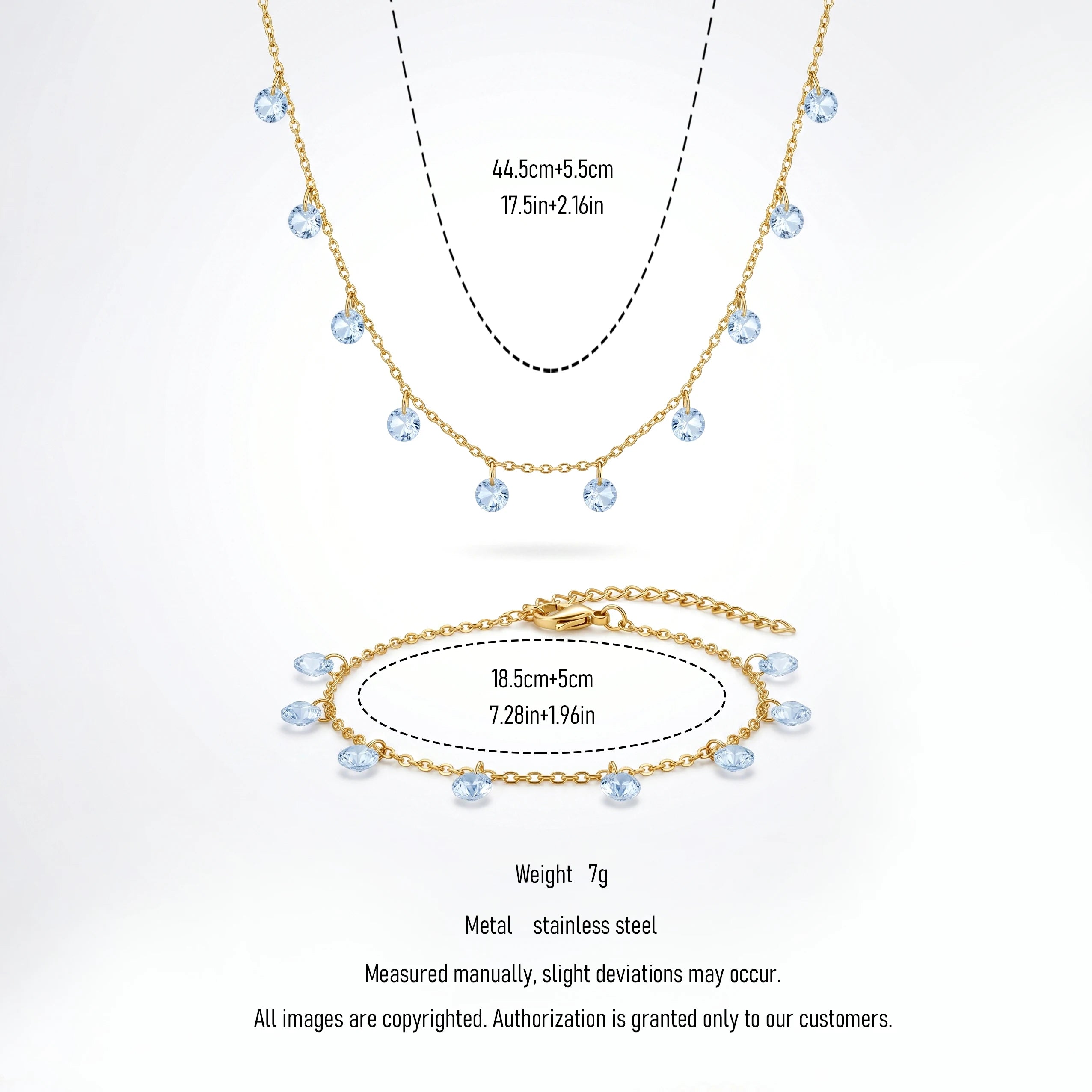 QIAOREN 11935 Waterproof Blue Zirconia Jewelry Set Stainless Steel Gold Station Dangle Necklace Bracelet Gift for Women US