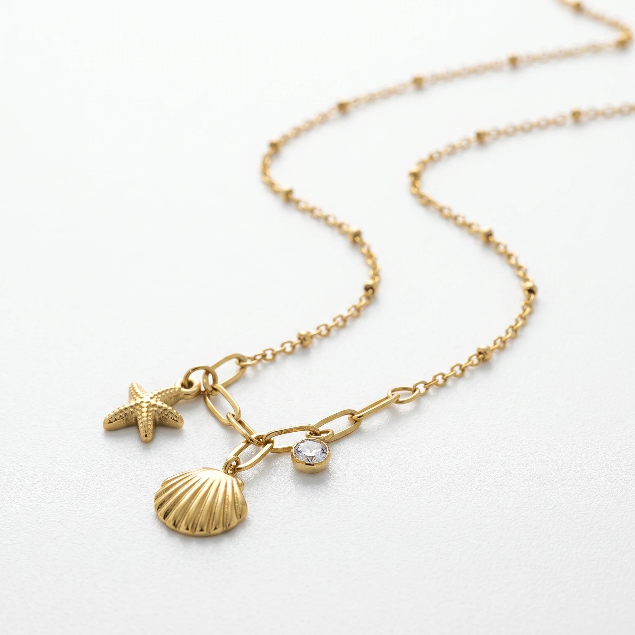 QIAOREN 13549 Stainless Steel Starfish Seashell Charm Necklace Gold Coastal Beach Pendant Paperclip Chain Jewelry for Women