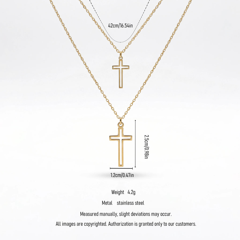QIAOREN 11973 European Hot Sell Stainless Steel Layered Open Cross Pendant Necklace Cutout Two-Tier Cross Chain Necklaces