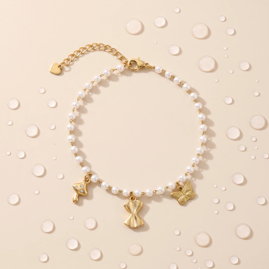 QIAOREN 13326 Mini Pearl Anklet with Mushroom, Bow & Butterfly Charms, Fairy Foot Jewelry Gift for Daily Summer Casual Look