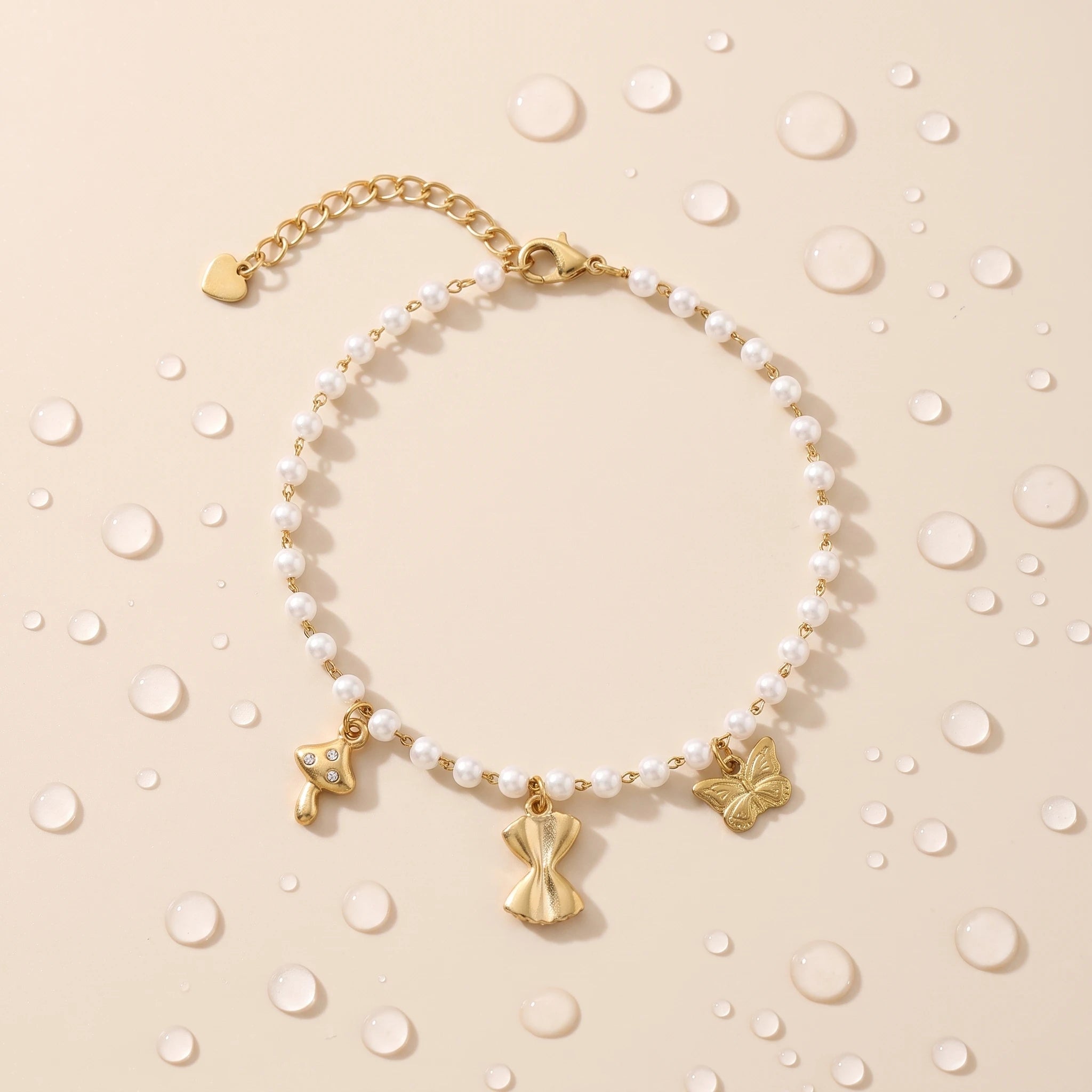 QIAOREN 13326 Mini Pearl Anklet with Mushroom, Bow & Butterfly Charms, Fairy Foot Jewelry Gift for Daily Summer Casual Look