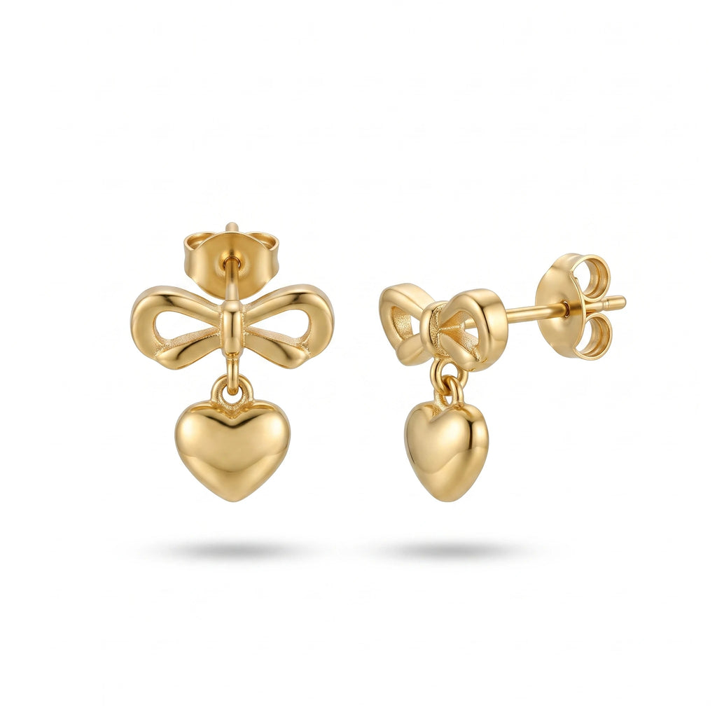 QIAOREN 13571 Gold Stainless Steel Bow Heart Stud Earrings Cute Drop Dangle Earrings Feminine Fashion Jewelry for Women