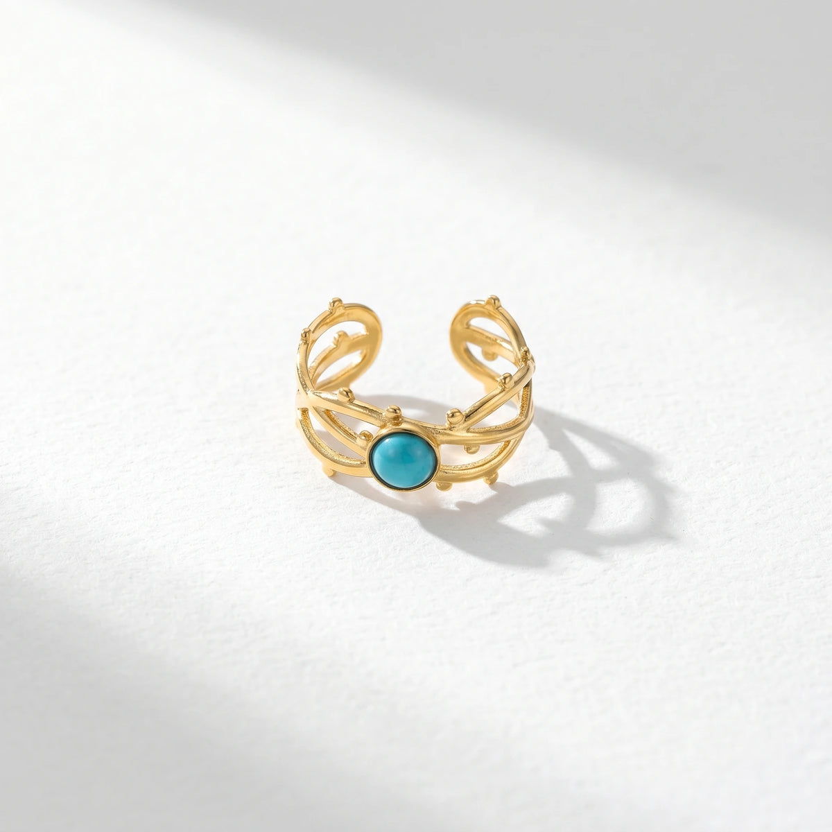 QIAOREN 13146-50 5Pcs Gold Turquoise Open Cuff Ring Set, Boho Hollow Inlaid Turquoise Stainless Steel Stackable Jewelry