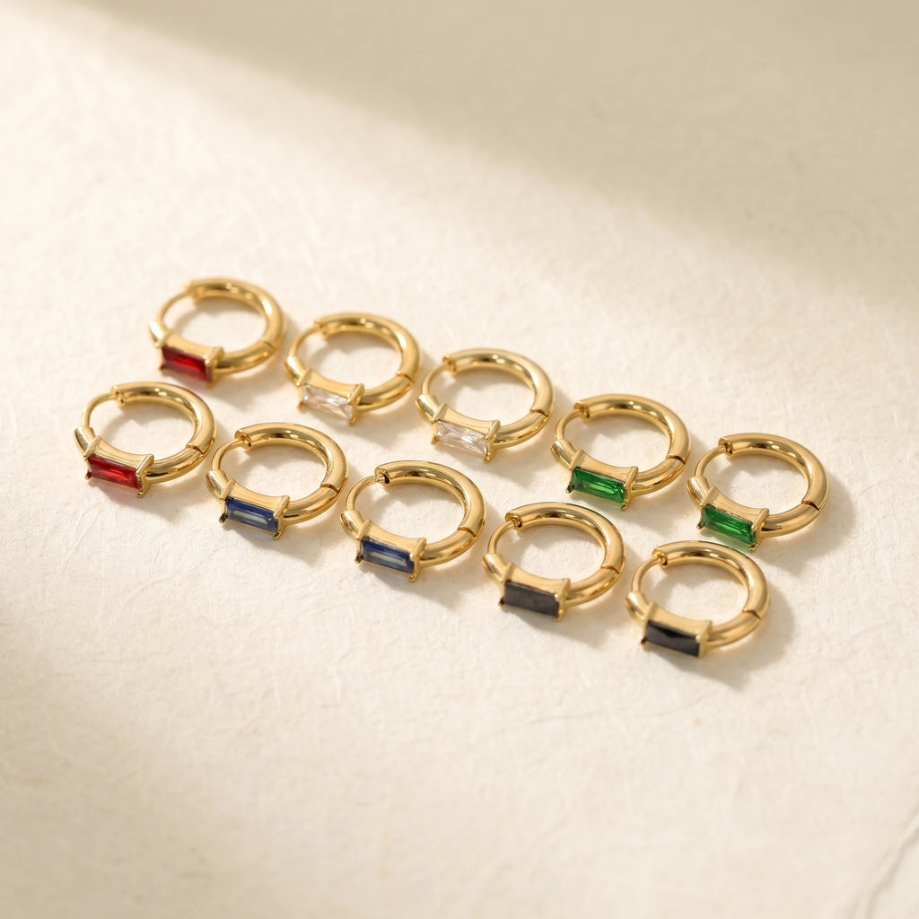 QIAOREN 12173-77 Classic Rectangular Colorful CZ Hoop Earrings Gold Plated Stainless Steel  Fashion Jewelry for Western Girls