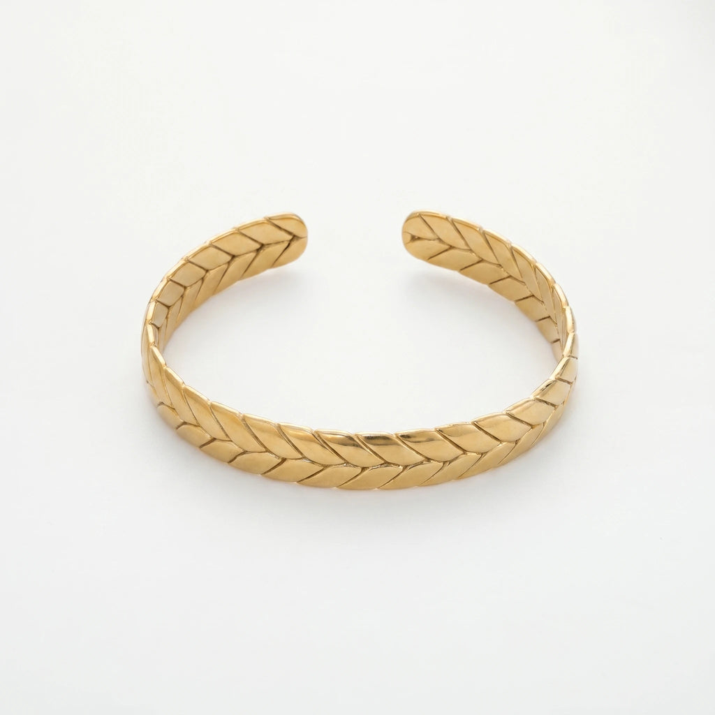 QIAOREN 12649 18K Gold Plated Stainless Steel Wheat Leaf Cuff Bracelet Adjustable Open Bangle Anti Tarnish Wrist Jewelry