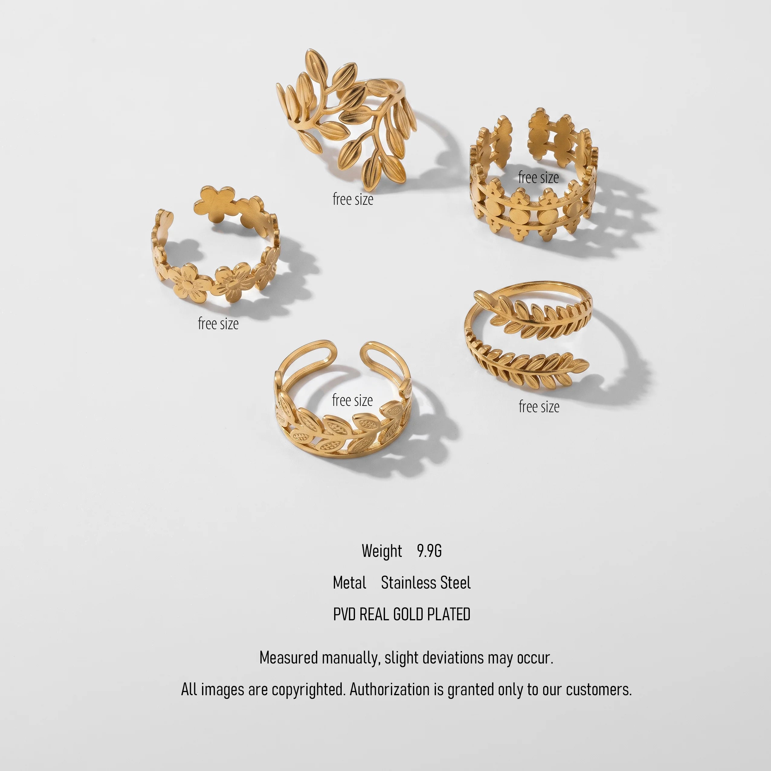 QIAOREN 5Pcs Boho Leaf Flower Gold Stainless Steel Rings Set Tarnish Free Adjustable Stackable Open Cuff Rings for Women