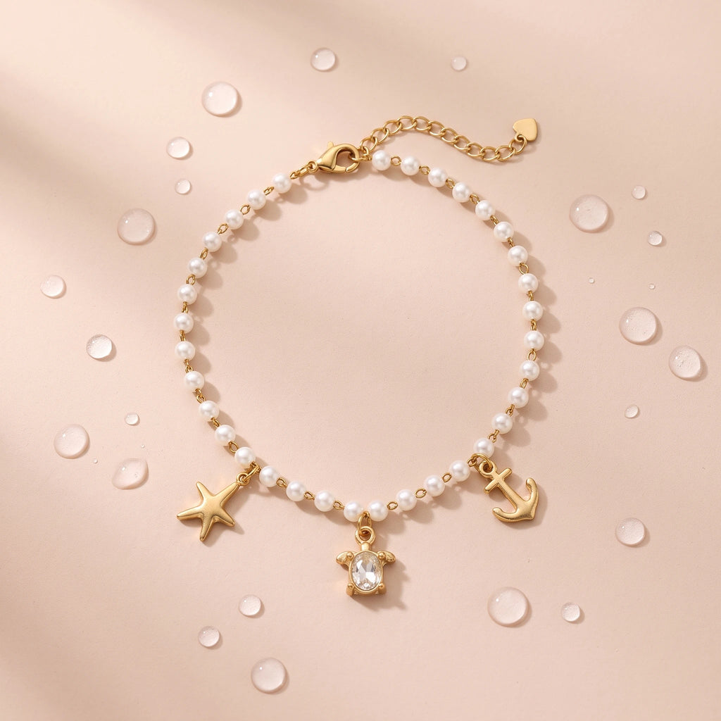 QIAOREN 13328 Ocean Style Pearl Anklet with Starfish, Crystal Turtle & Anchor Charms, Coastal Vacation Foot Jewelry Gift