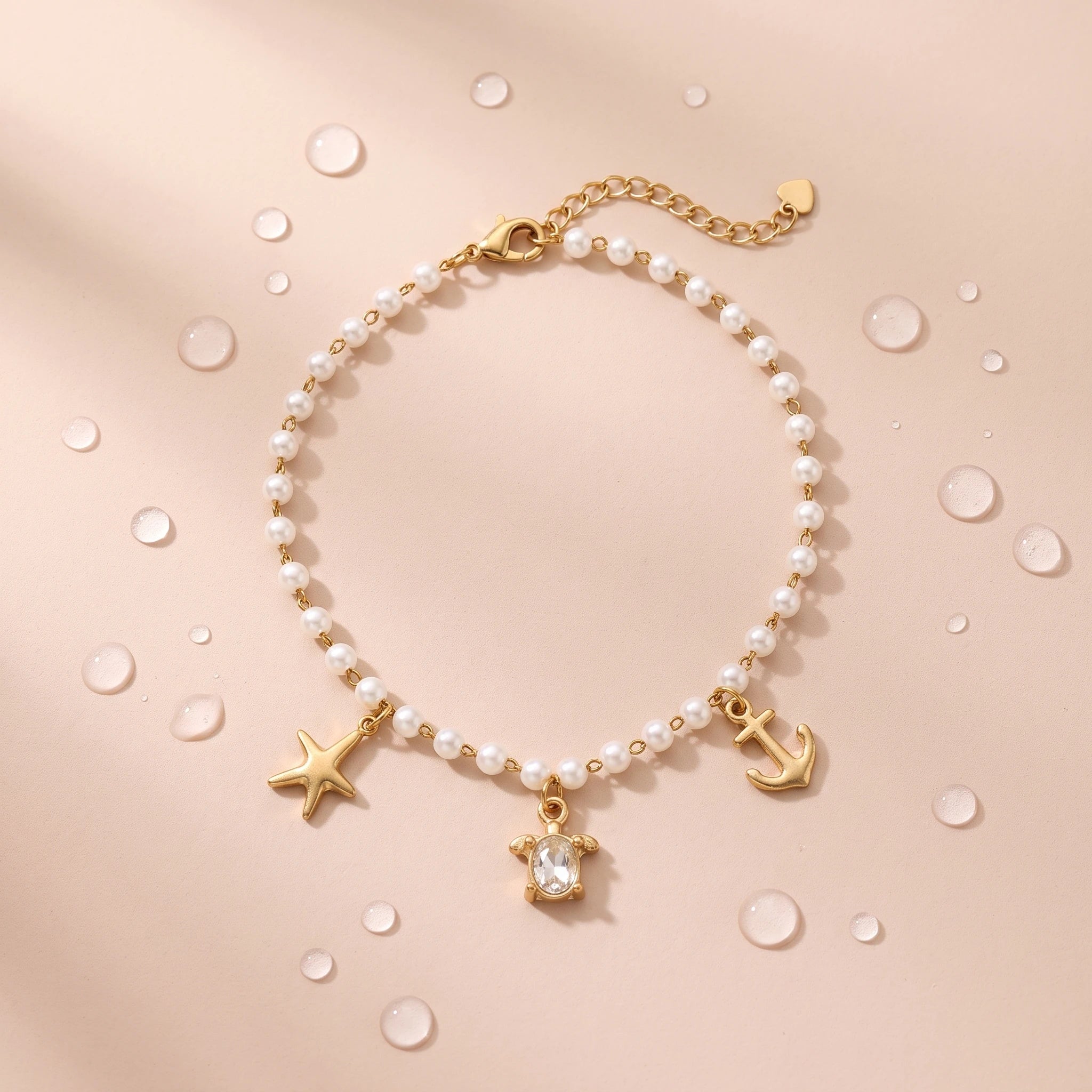 QIAOREN 13328 Ocean Style Pearl Anklet with Starfish, Crystal Turtle & Anchor Charms, Coastal Vacation Foot Jewelry Gift