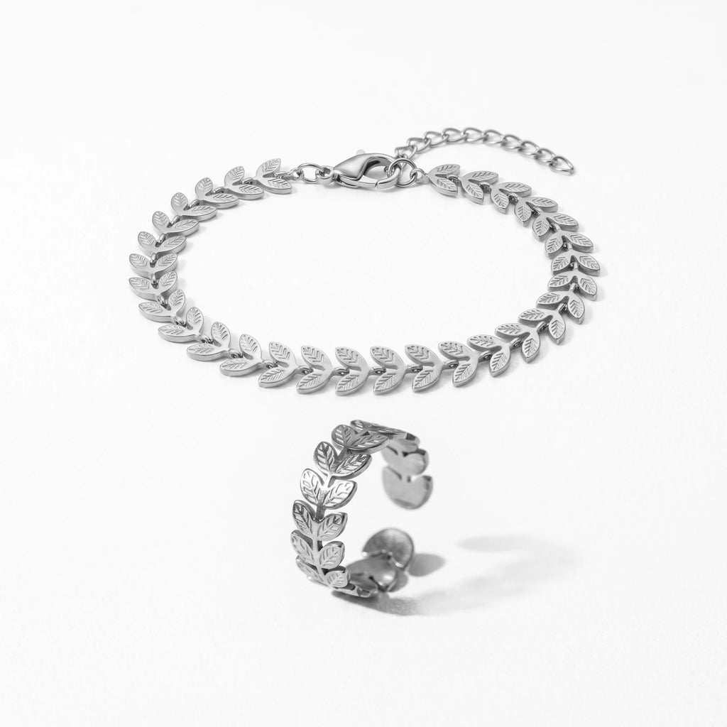 QIAOREN 11579 Elegant 18K Gold Plated Stainless Steel Quartz Chain Bracelet and Ring Set Nature Inspired Women's Gift Jewelry