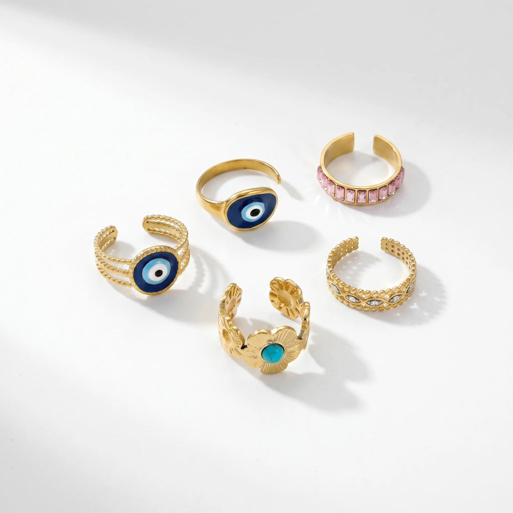 QIAOREN Stainless Steel Adjustable Stackable Ring Set Gold Plated Colorful Enamel Fashion Open Rings for Women