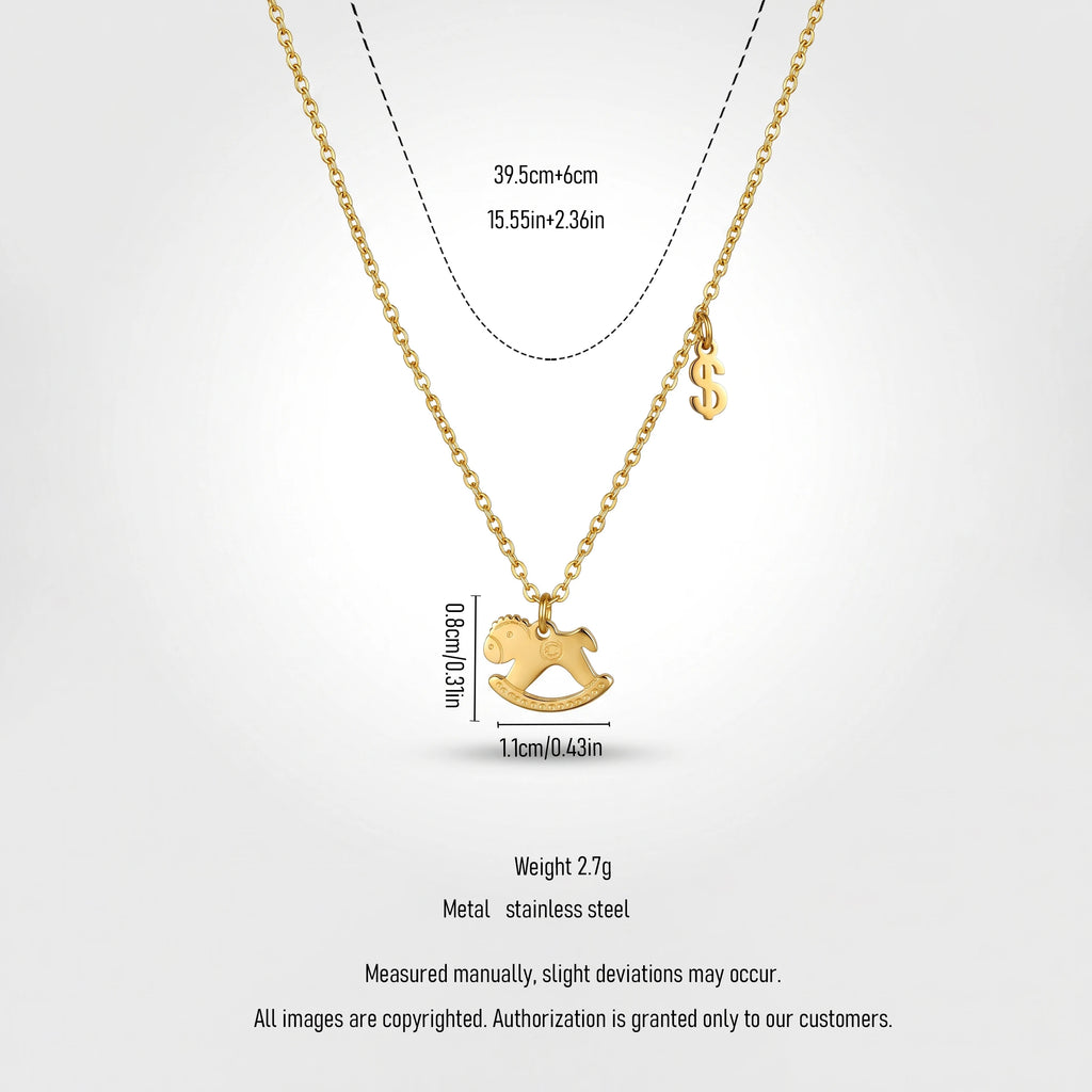 QIAOREN 13811 Thin Oval Link Chain Pendant Necklace with Engraved Rocking Horse Charm & Mini Dollar Sign Side