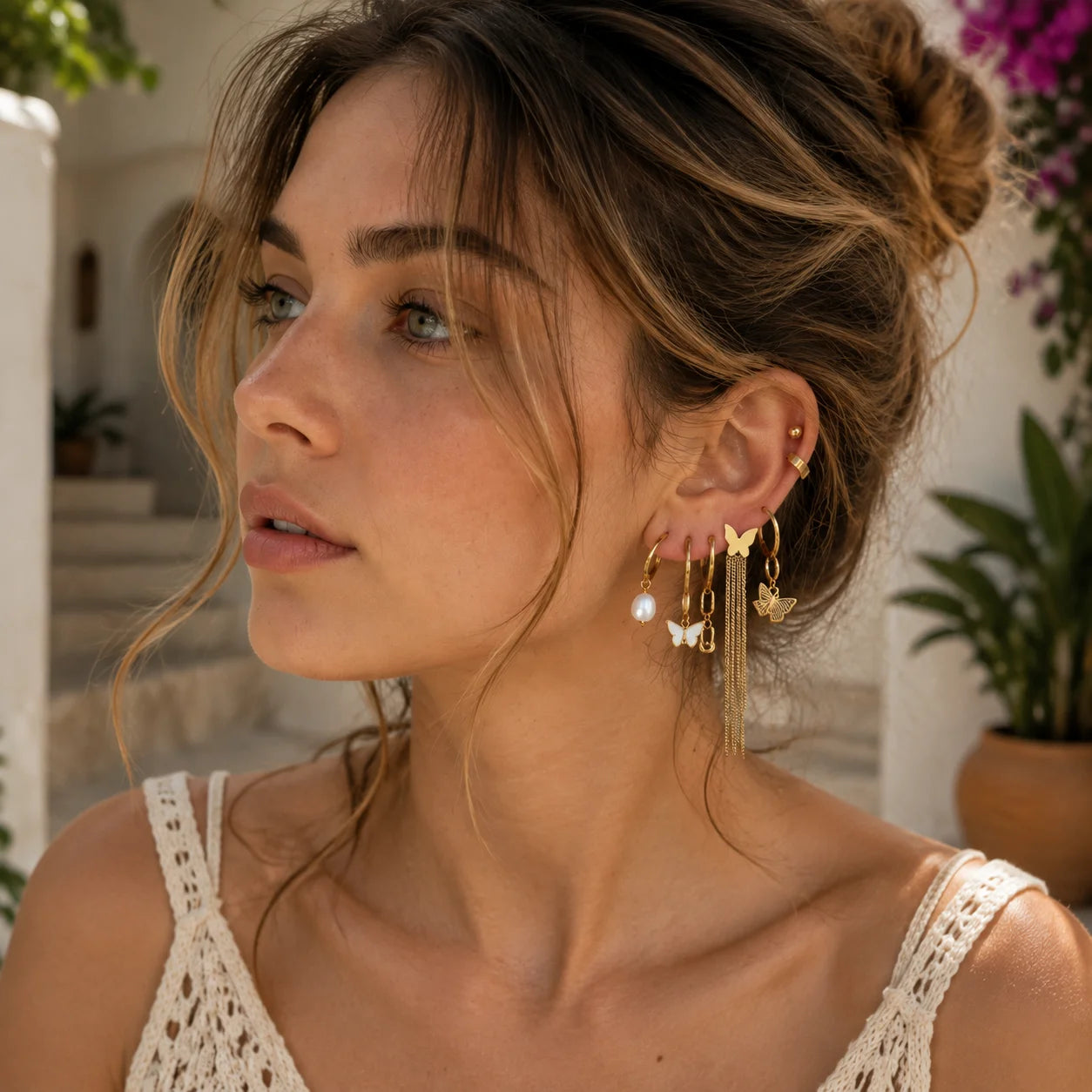 QIAOREN 14489 Butterfly Tassel Stainless Steel Shell Butterfly Drop Earrings Set, Gold Multi Style Earring Pack Jewelry Gift