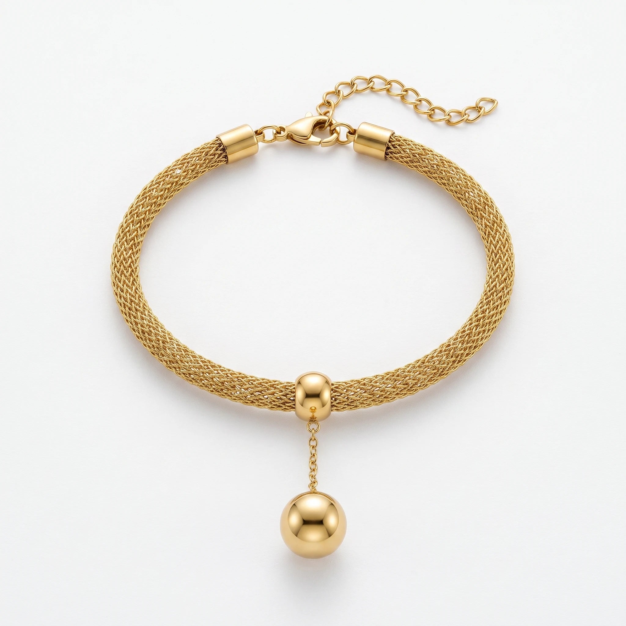 QIAOREN 13292 Gold Plated Stainless Steel Mesh Bracelet Ball Charm Chain Bracelet Minimalist Statement Jewelry for Women