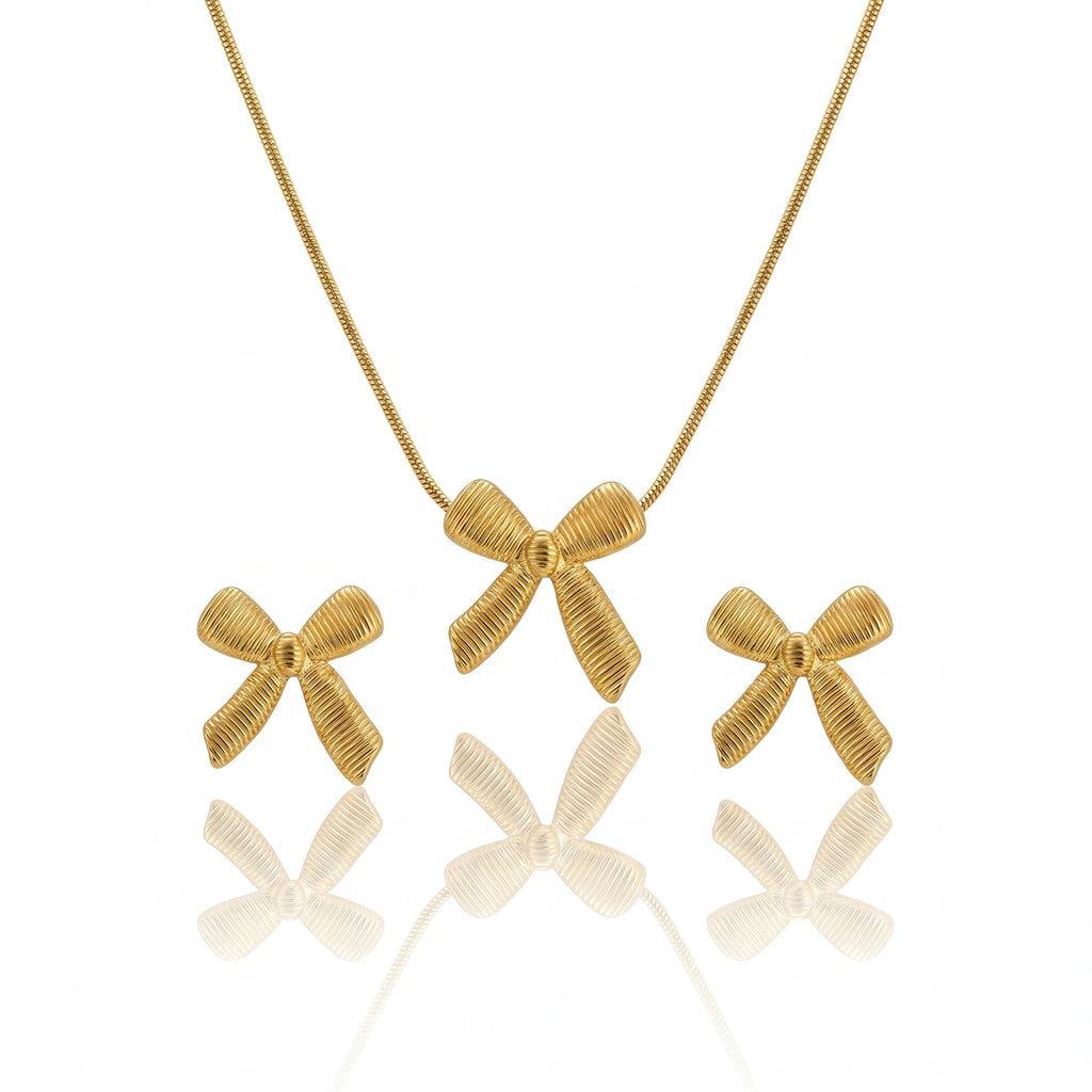 QIAOREN 11628 Romantic Textured Bow Jewelry Set 18K Gold Stainless Steel Necklace Earrings Valentine's Day Gift