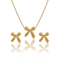 QIAOREN 11628 Romantic Textured Bow Jewelry Set 18K Gold Stainless Steel Necklace Earrings Valentine's Day Gift