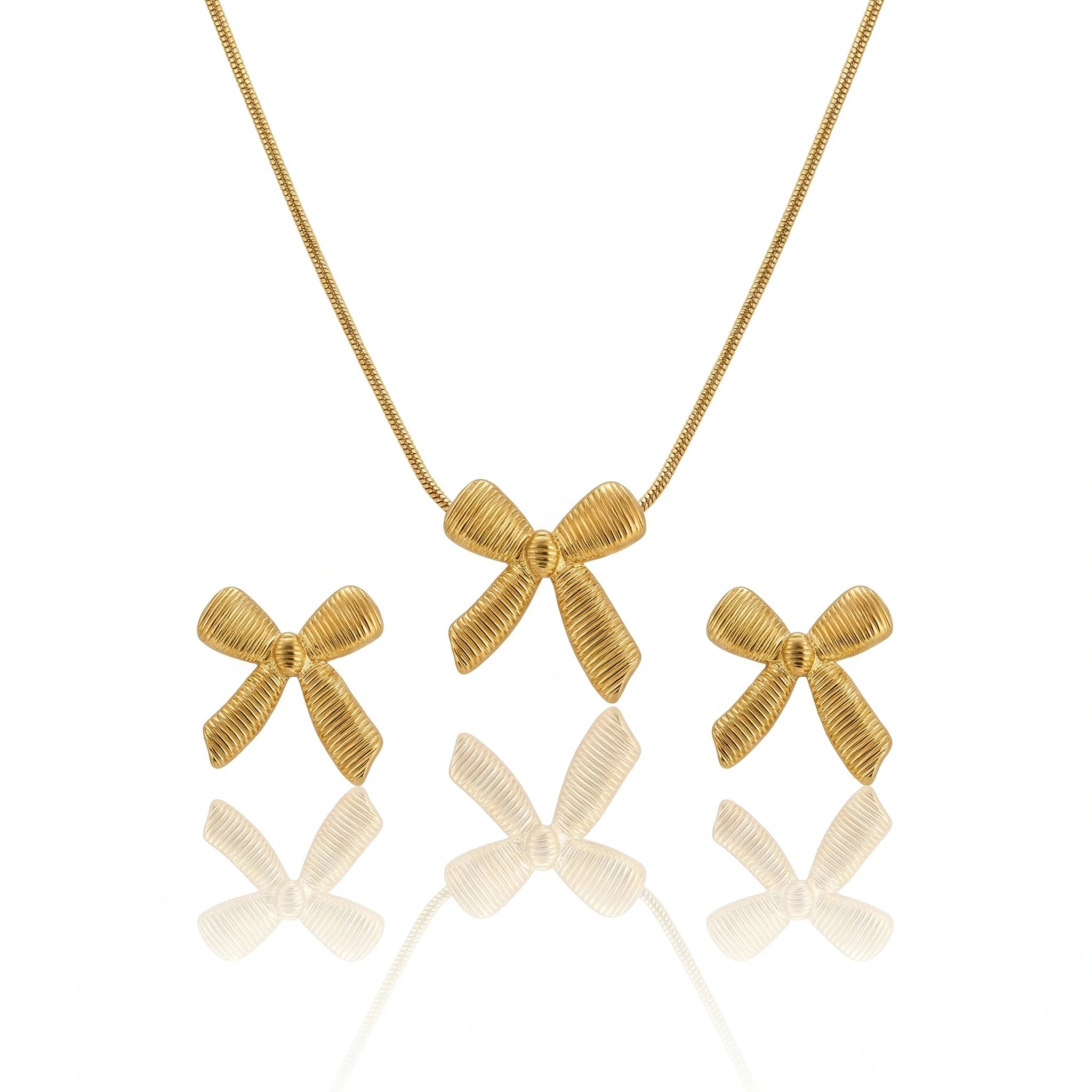 QIAOREN 11628 Romantic Textured Bow Jewelry Set 18K Gold Stainless Steel Necklace Earrings Valentine's Day Gift