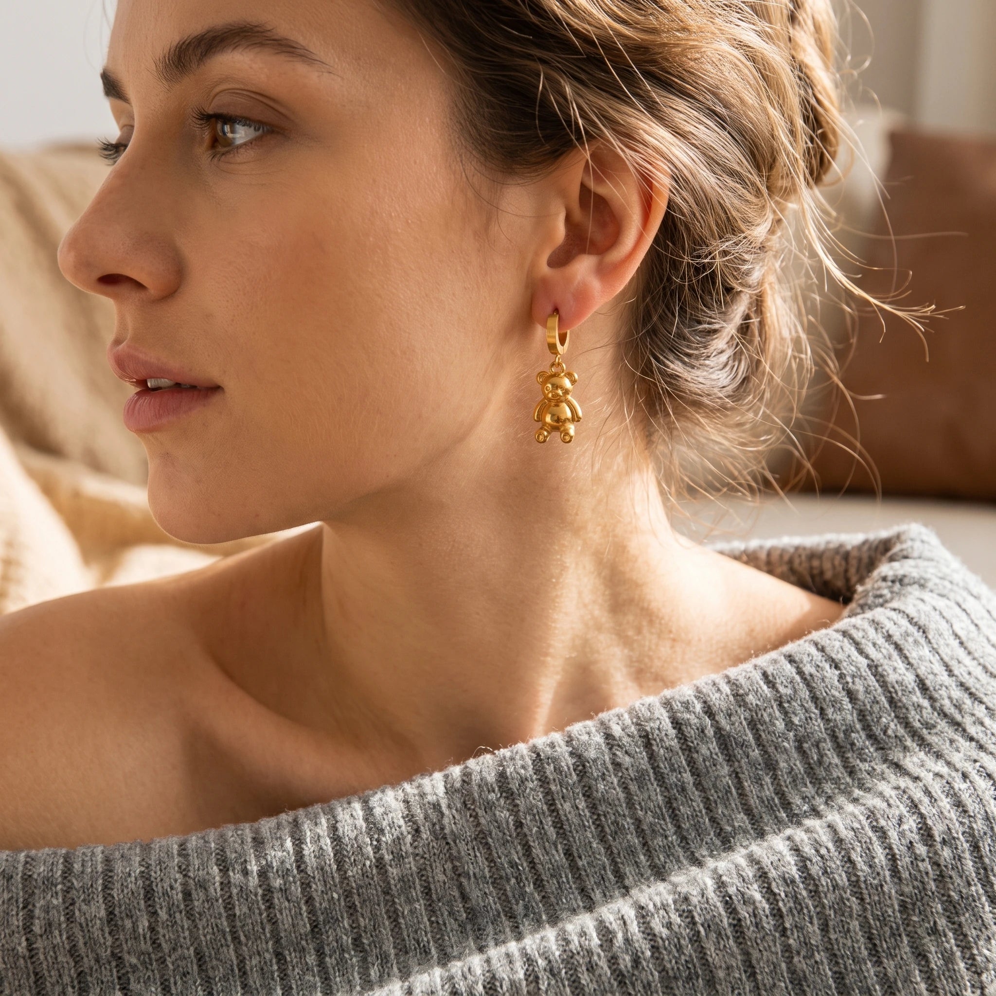 QIAOREN 14379 Cute 3D Teddy Bear Dangle Huggie Hoop Earrings, Stainless Steel Drop Earrings Jewelry Gift for Daily Outfits