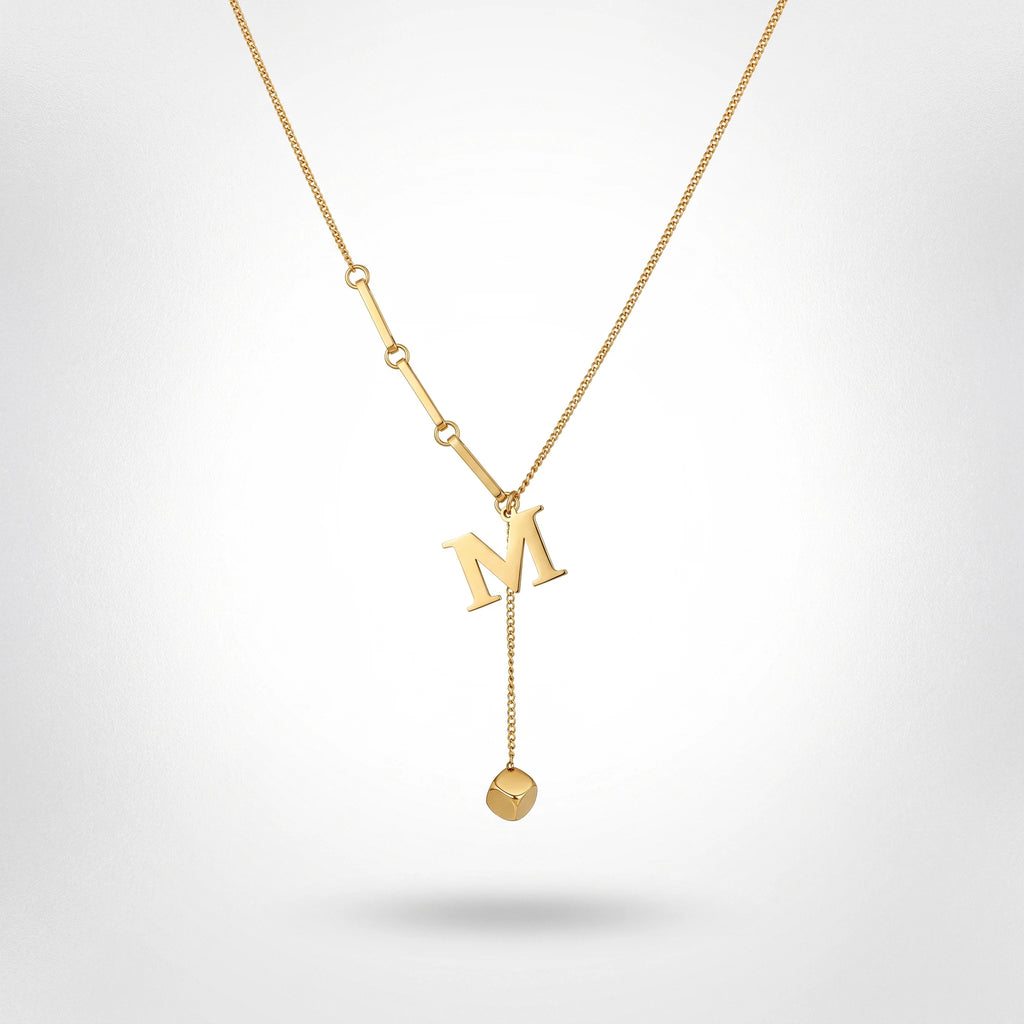 QIAOREN 13465 Personalized Letter M Y Drop Necklace with Square Cube Charm, Dainty Mixed Link Chain Initial Necklace