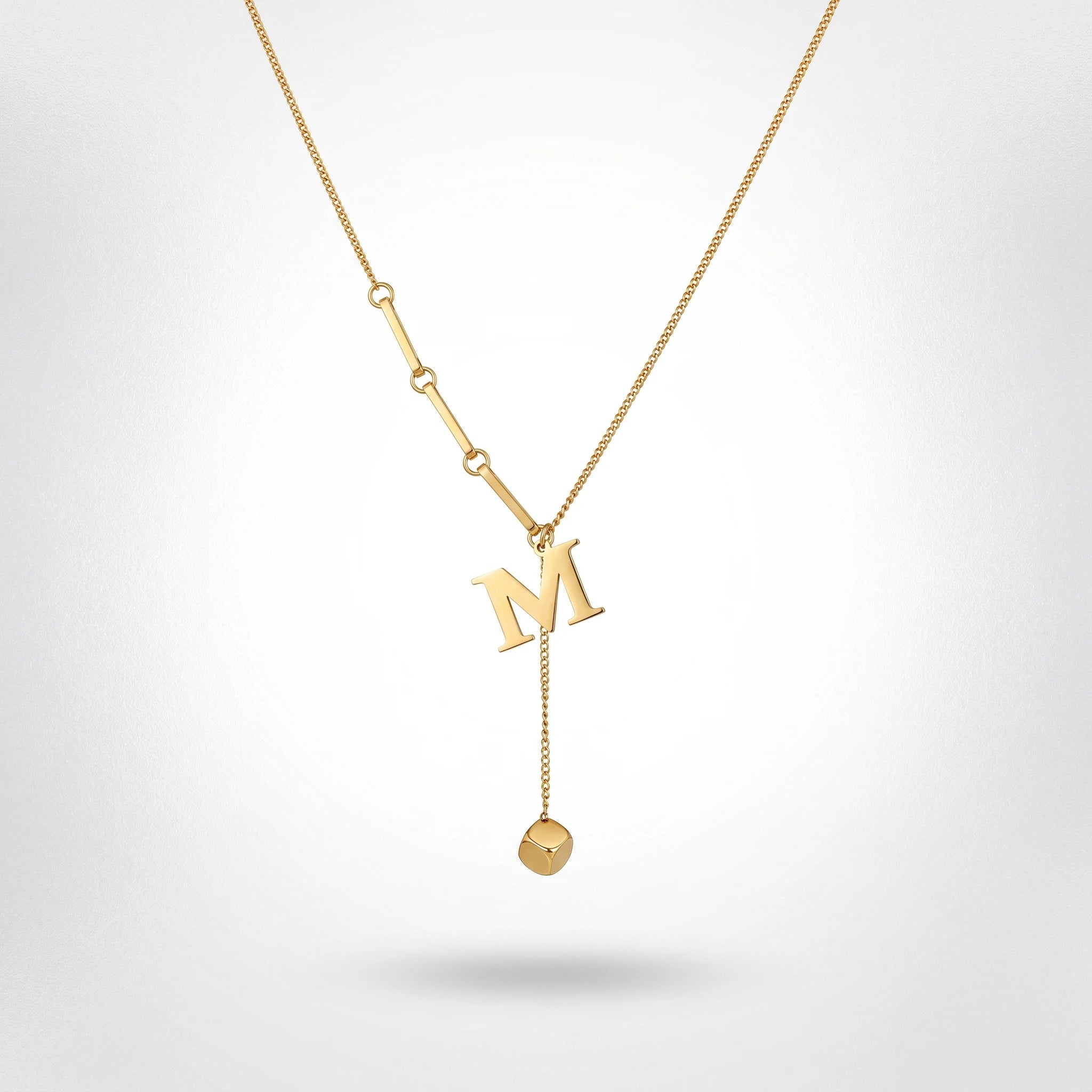 QIAOREN 13465 Personalized Letter M Y Drop Necklace with Square Cube Charm, Dainty Mixed Link Chain Initial Necklace