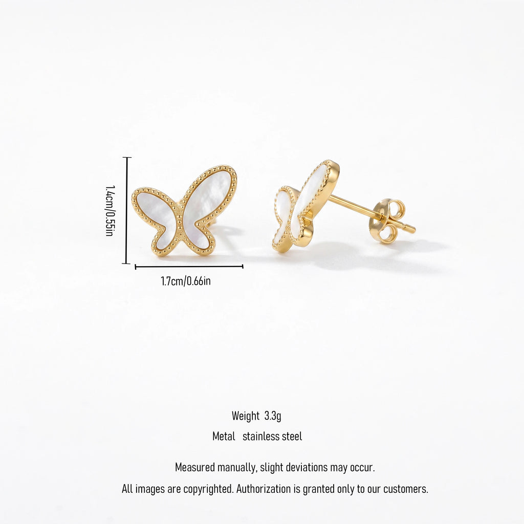 QIAOREN 13818 Beaded Border Butterfly Stud Earrings Inlaid Natural White Mother of Pearl, Polished Gold Dainty Insect Ear