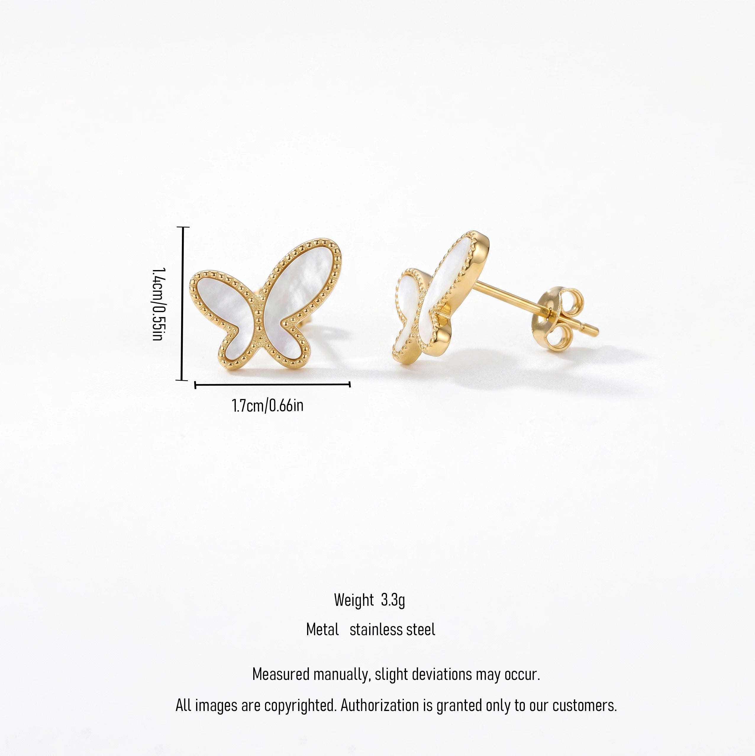 QIAOREN 13818 Beaded Border Butterfly Stud Earrings Inlaid Natural White Mother of Pearl, Polished Gold Dainty Insect Ear