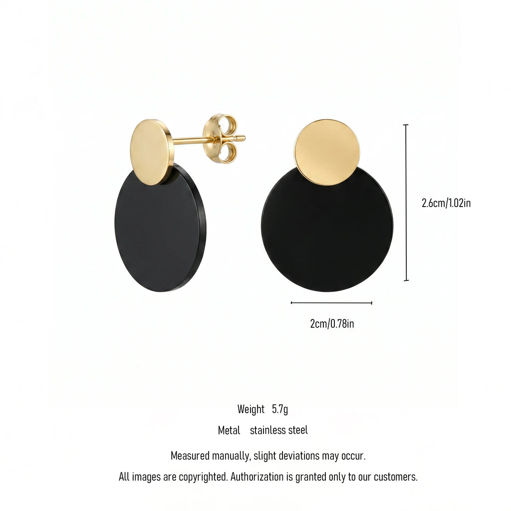 QIAOREN 11205 Modern Black Gold Disc Earrings Stainless Steel Minimalist Statement Stud Earrings for Women Fashion Jewelry