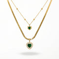 QIAOREN 13527 Double Layer Green Heart Pendant Stack Necklace with Flat Snake & Beaded Cable Chain, Small & Large Emerald Zircon