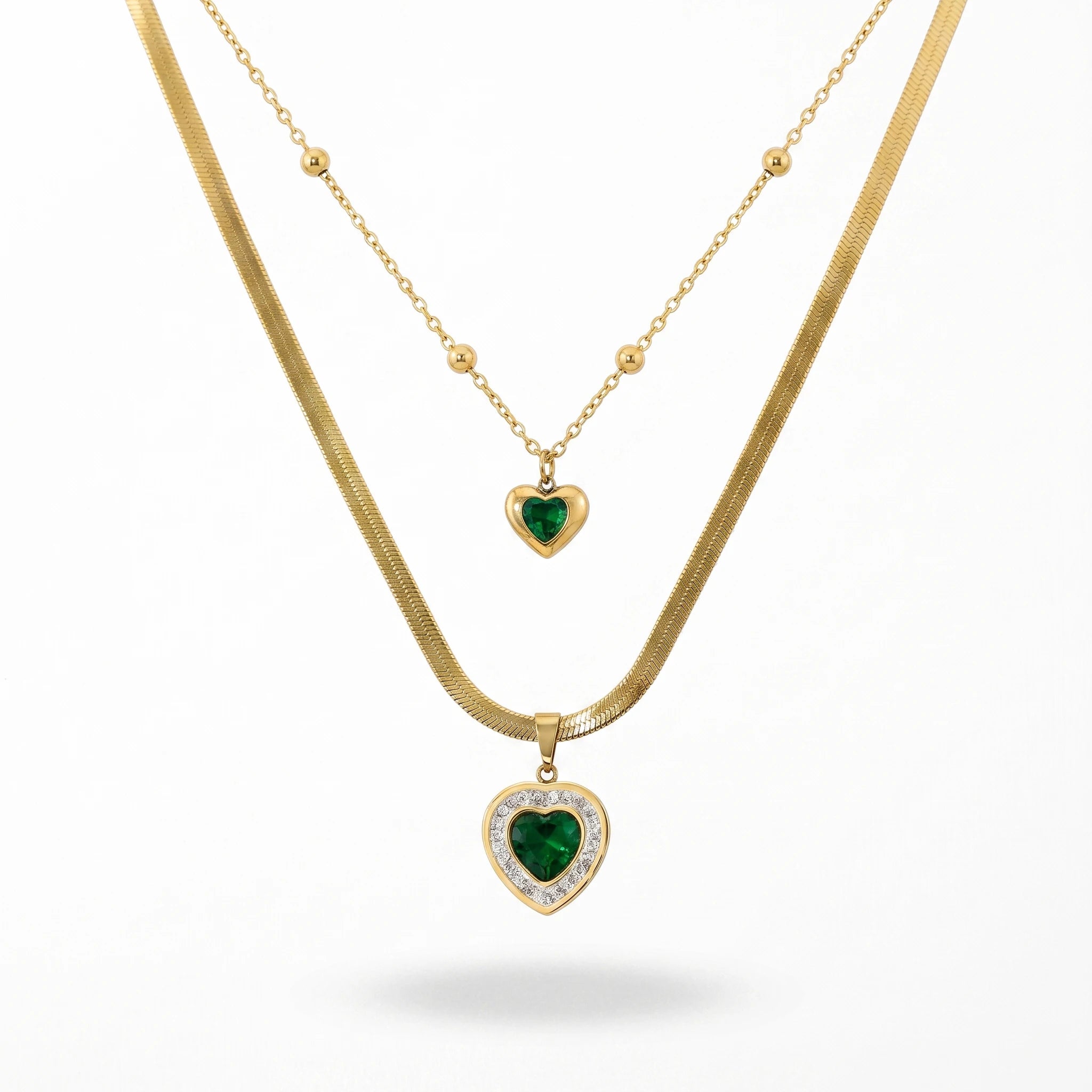 QIAOREN 13527 Double Layer Green Heart Pendant Stack Necklace with Flat Snake & Beaded Cable Chain, Small & Large Emerald Zircon