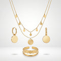 QIAOREN 10901 3pcs Disc Jewelry Set Stainless Steel Layered Necklace Hoop Earrings Adjustable Ring-Trendy Women's Jewelry