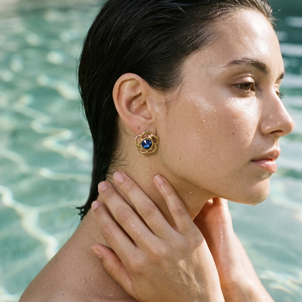 QIAOREN 12455 Vintage Hollow Flower Rose Ear Studs Waterproof Stainless Steel With Sapphire Blue Crystal Anti Tarnish Elegant