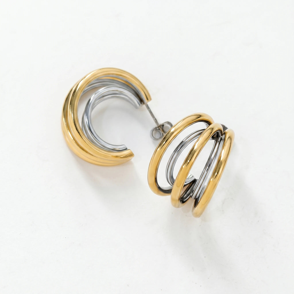 QIAOREN 12760 Waterproof Bi-Color Multi Strand Open C Earrings Stainless Steel Mixed Metal Layered Hoop Daily Ladies Accessory