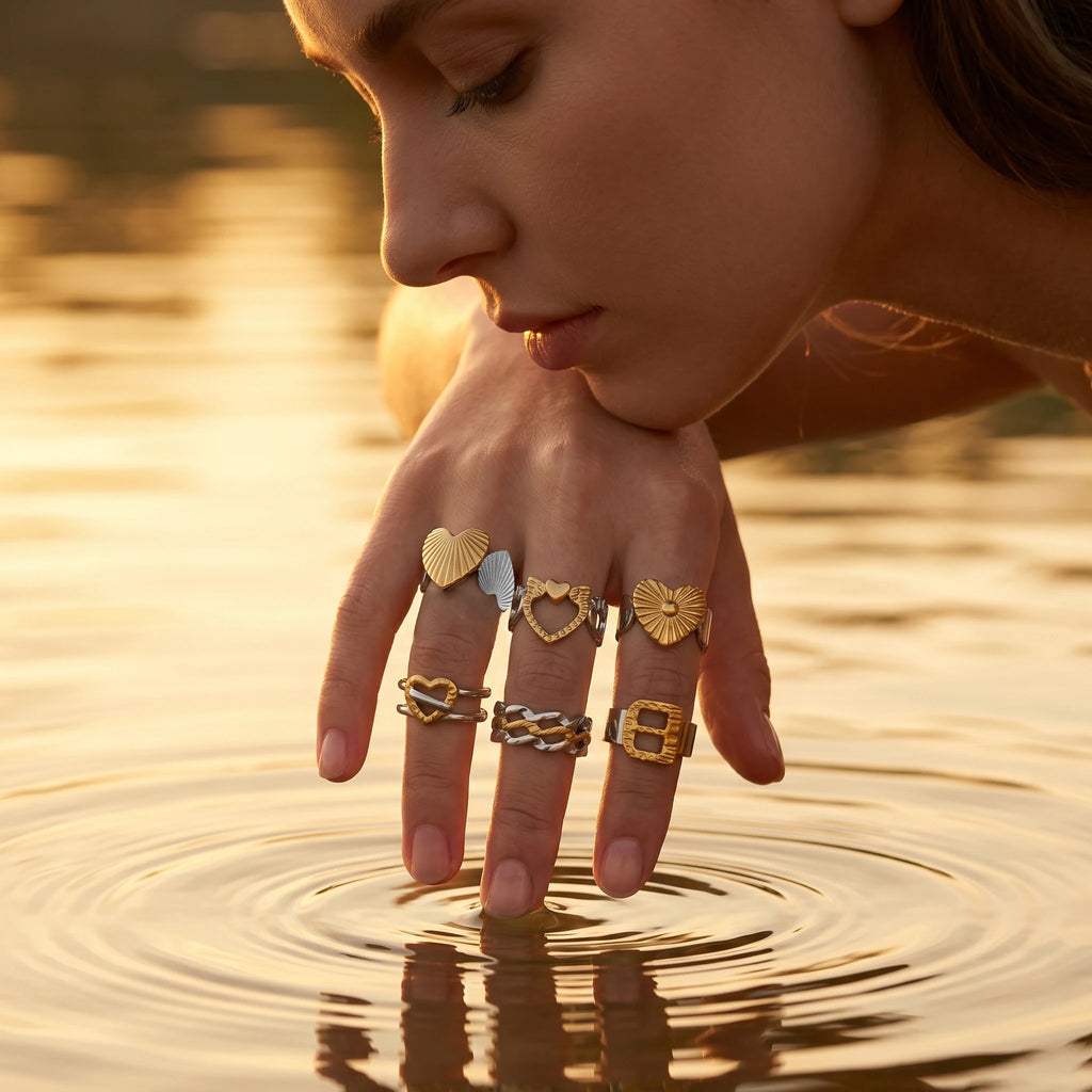 QIAOREN 12948-53 18K Gold Plated 316L Stainless Steel Two Tone Snake Star Adjustable Rings Set Tarnish Free Waterproof Jewelry