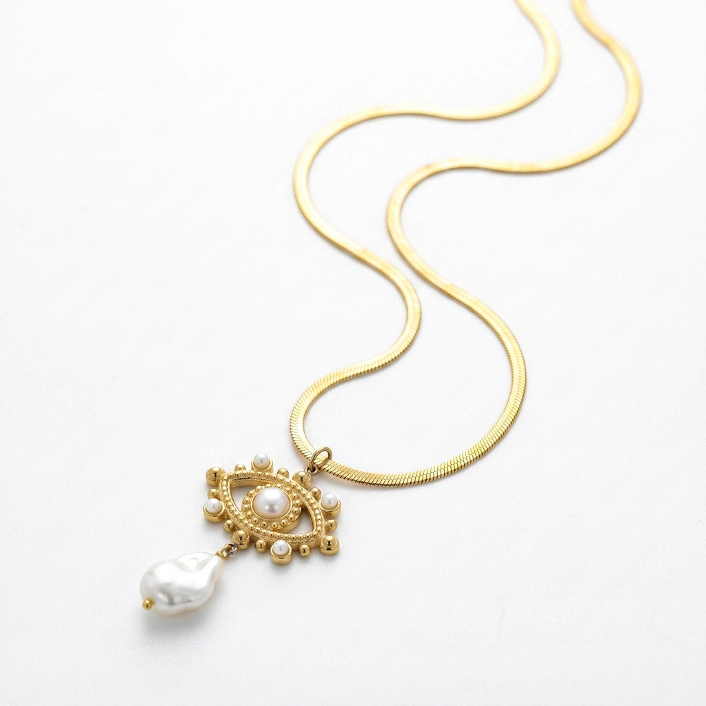 QIAOREN 13548 Stainless Steel Baroque Pearl Pendant Necklace Gold Herringbone Chain Vintage Statement Necklace for Women