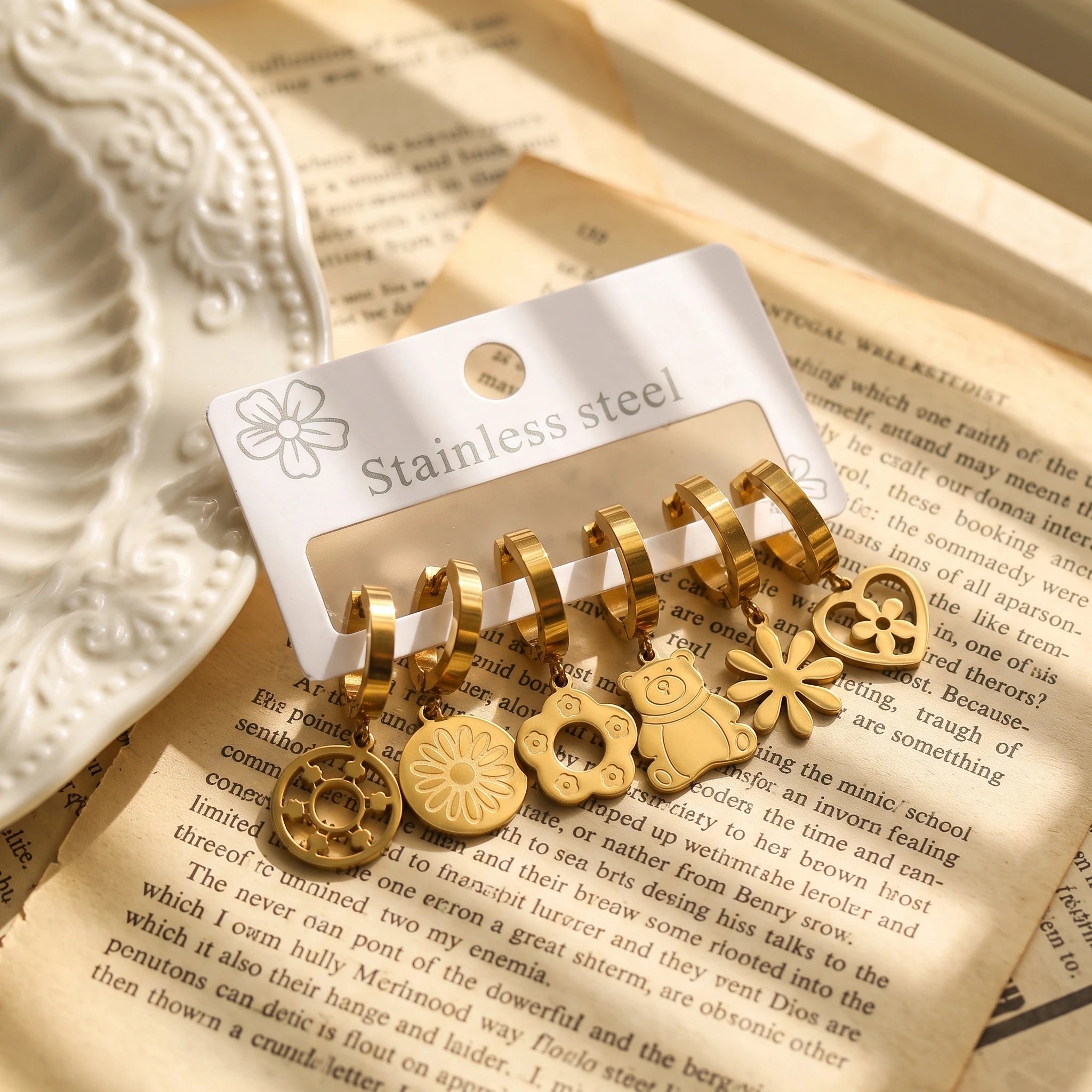 QIAOREN 14479 6 Pair Gold Stainless Steel Huggie Hoop Earrings Set, Bear & Floral Cutout Disc Dangle Drop Earrings