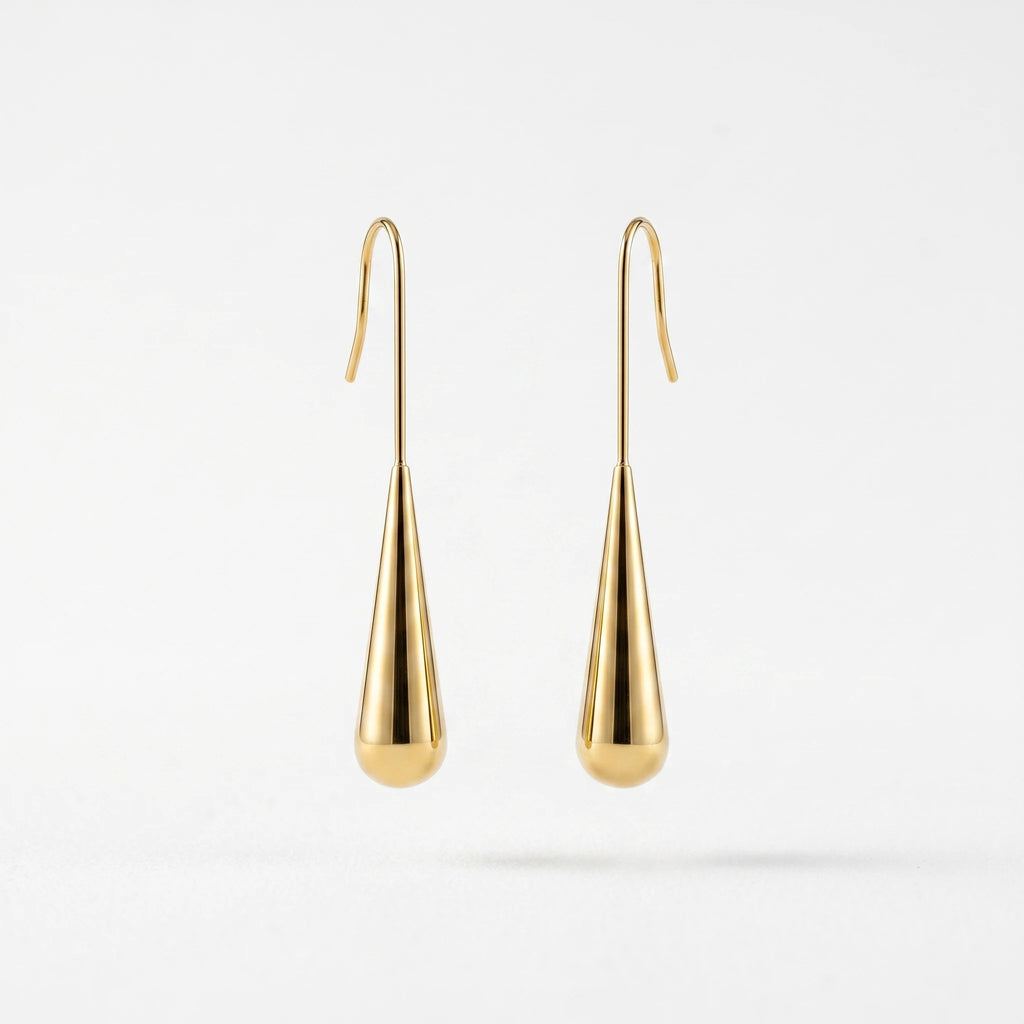 QIAOREN 12764 Stainless Steel Long Teardrop Drop Earrings Polished Gold Wire Hook Water Dangle Elegant Women Daily Jewelry Gift