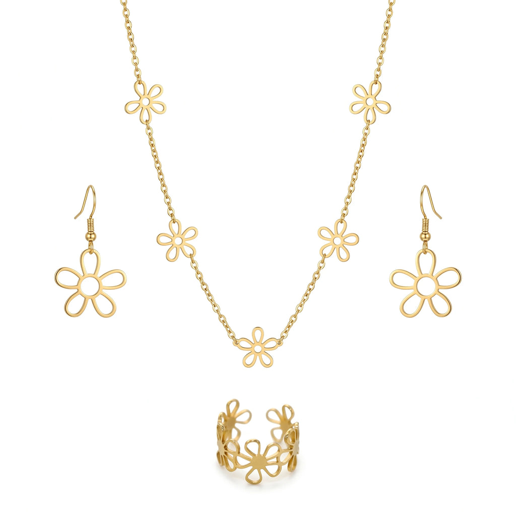 QIAOREN 11571 18K Gold Plated Stainless Steel Hollow Daisy Jewelry Set, 3 Piece Necklace Earrings Ring Set for Women Summer Wear