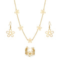 QIAOREN 11571 18K Gold Plated Stainless Steel Hollow Daisy Jewelry Set, 3 Piece Necklace Earrings Ring Set for Women Summer Wear