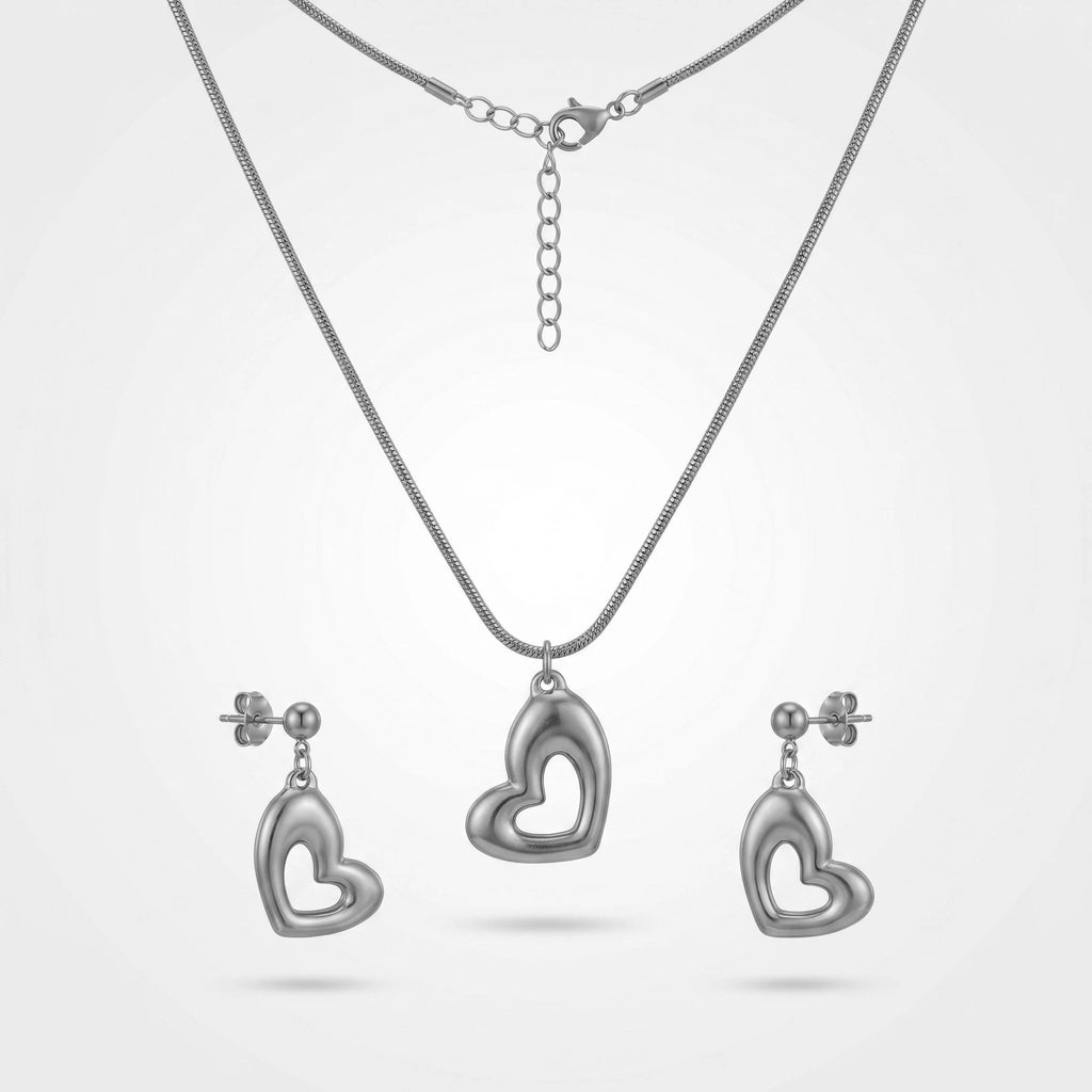 QIAOREN 11065 Premium Gold Hollow Heart Pendant Set Stainless Steel Elegant Jewelry for Women and Girls