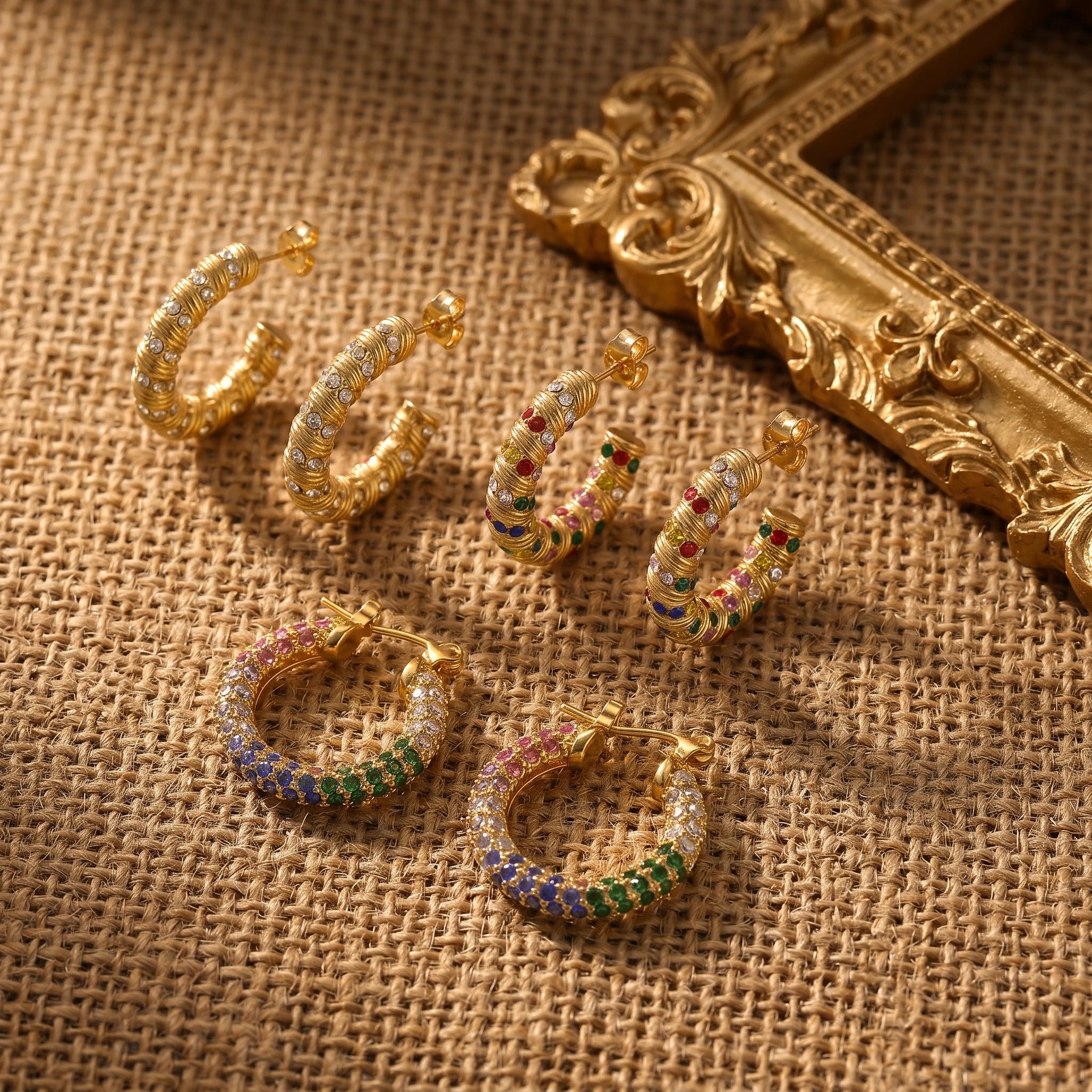 QIAOREN  12221-23 Waterproof Gold Stainless Steel Textured Hoop Earrings Multicolor CZ C Shape Huggies Wholesale