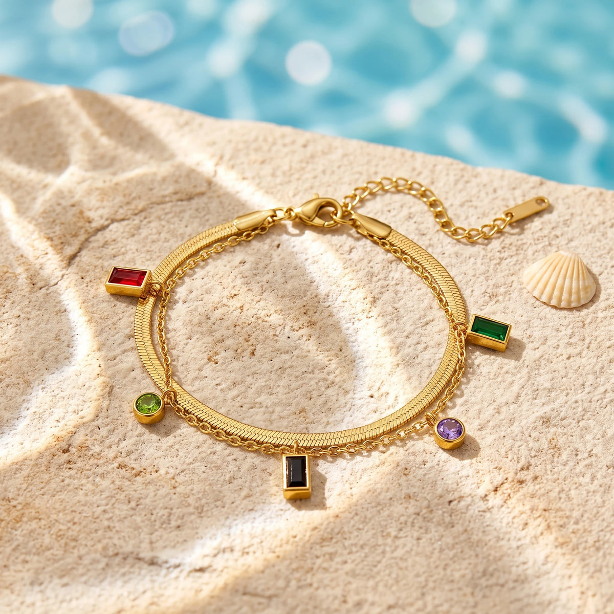 QIAOREN 13772 Double Layer Flat Herringbone Snake Bracelet with Multi Color Rectangle & Round Cut CZ Charms, Peridot Zircon