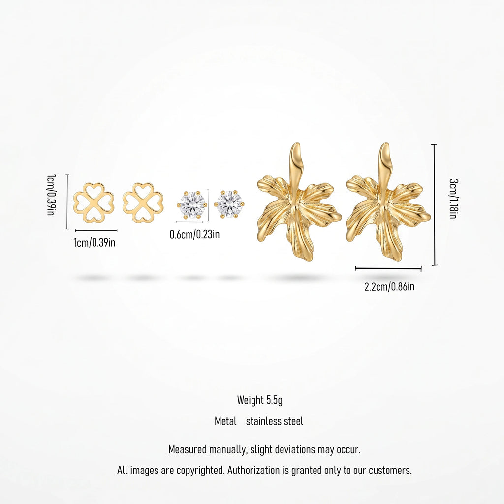 QIAOREN 13257  3 PCS Set 18K Gold Plated Stainless Steel Flower Stud Earrings Set Solid Clover, Round CZ