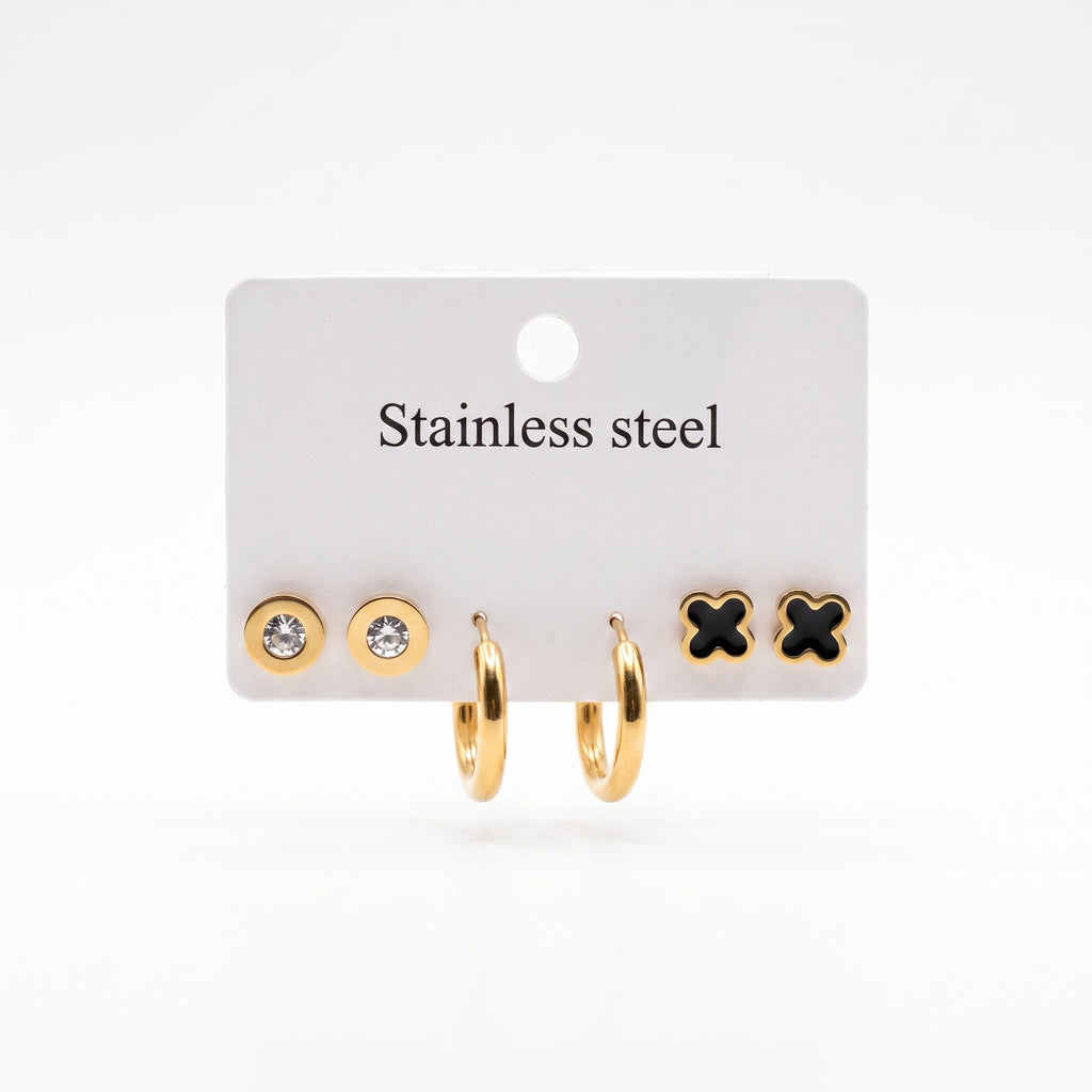 QIAOREN 14472 3 Pair Gold Stainless Steel Earrings Set, Round Disc CZ Studs, Black Enamel Clover Studs & Smooth Huggie Hoops