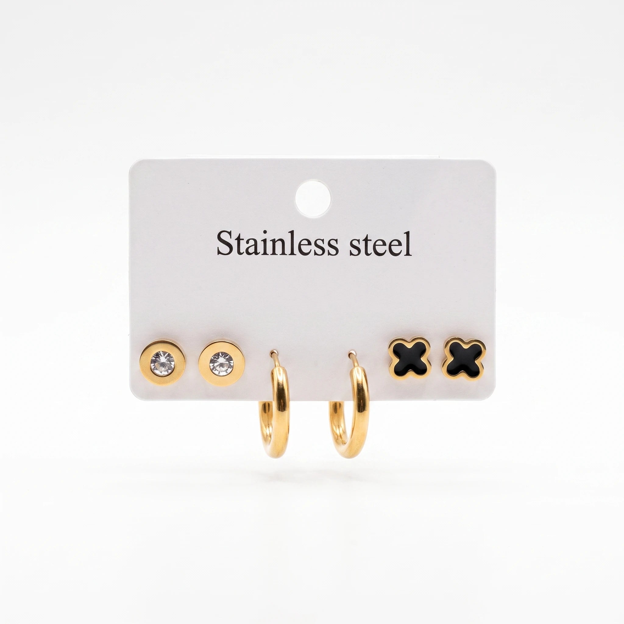 QIAOREN 14472 3 Pair Gold Stainless Steel Earrings Set, Round Disc CZ Studs, Black Enamel Clover Studs & Smooth Huggie Hoops