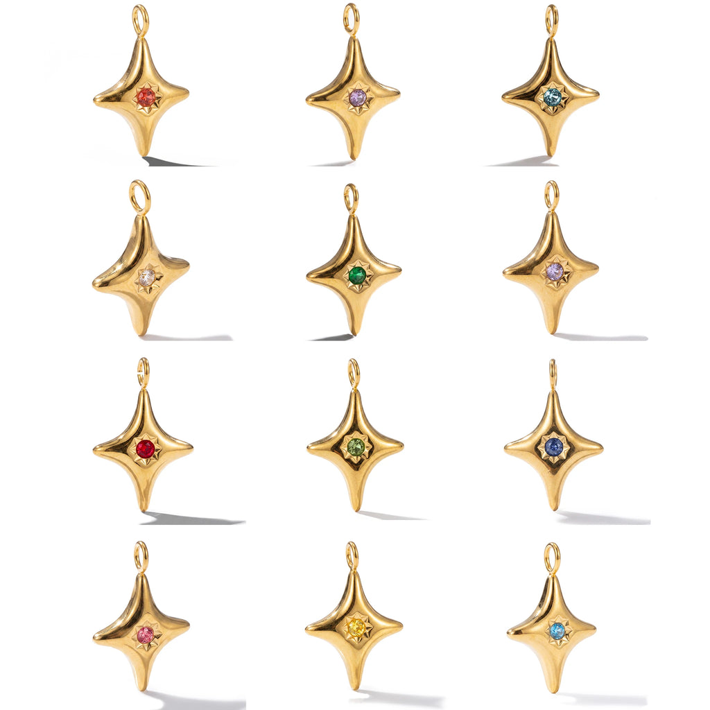QIAOREN 13894-905 Birthstone Bezel Set Four Point Star Charm Pendant with Center Round Multicolor CZ Stone for Making DIY