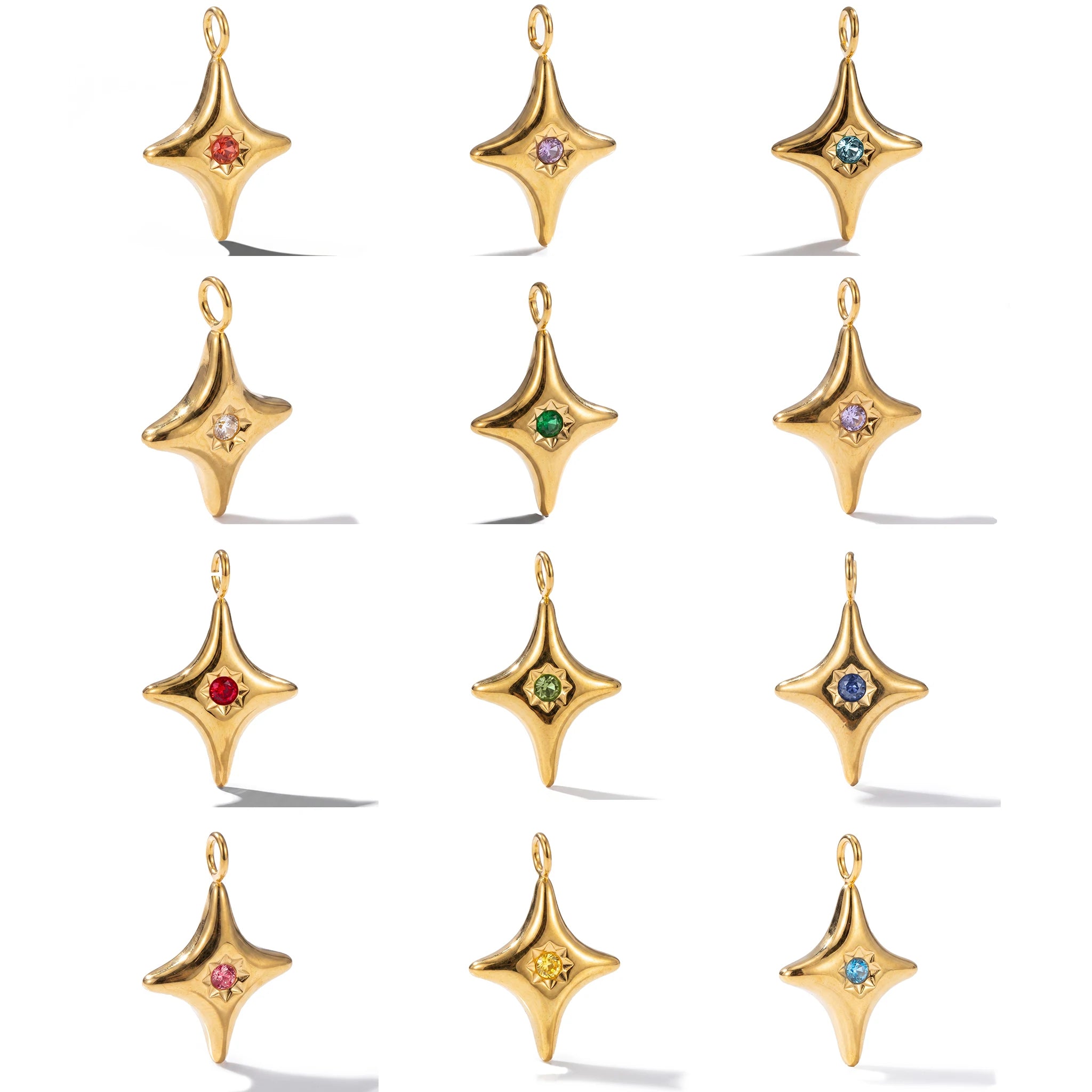 QIAOREN 13894-905 Birthstone Bezel Set Four Point Star Charm Pendant with Center Round Multicolor CZ Stone for Making DIY