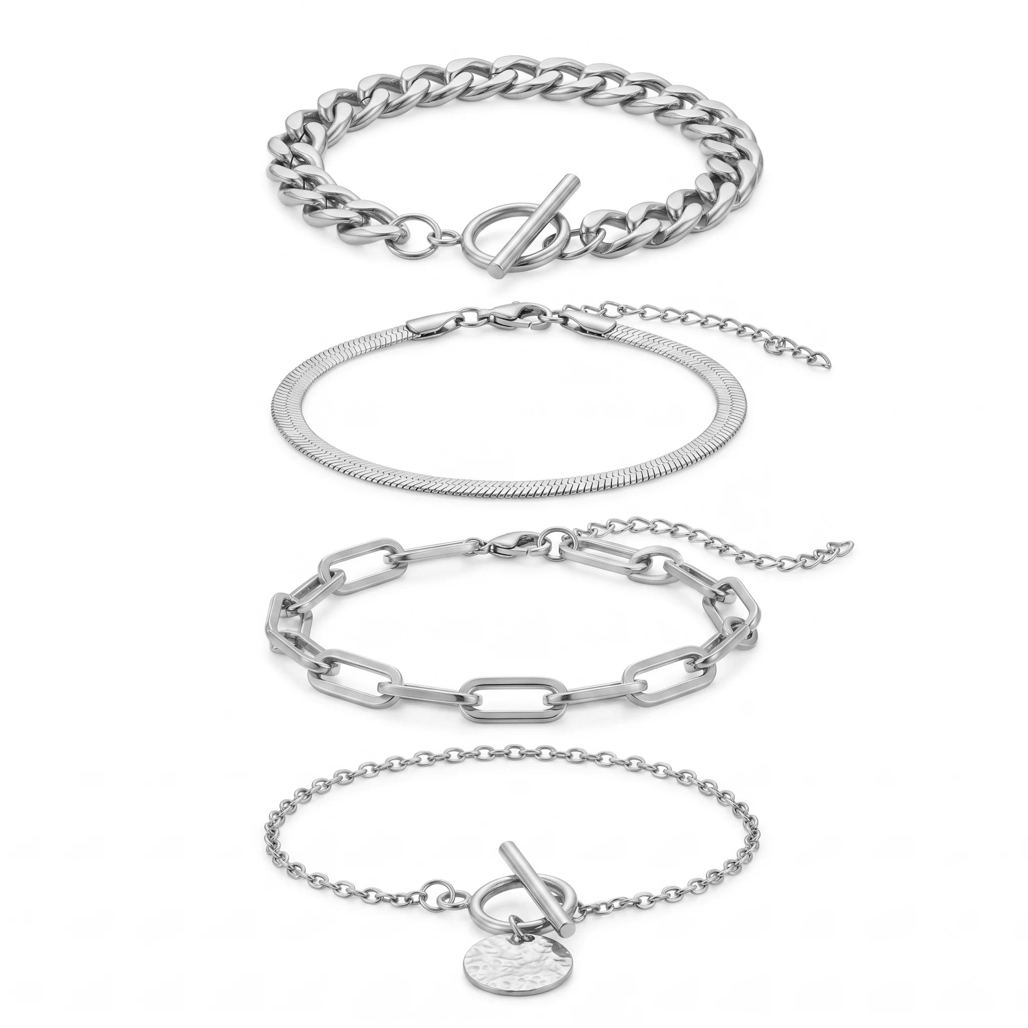 QIAOREN 11488 Trendy Stackable Gold Bracelet Set 4pcs Tarnish Free Stainless Steel Everyday Jewelry