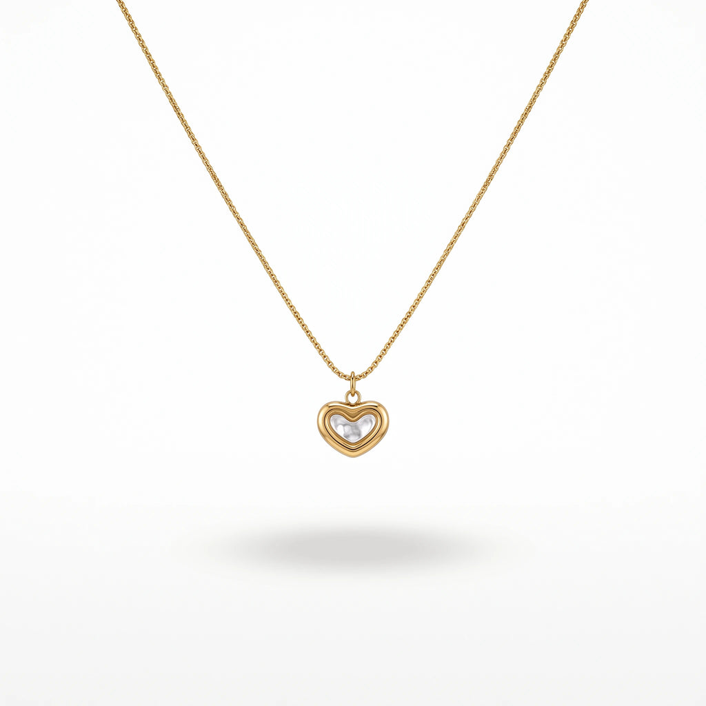 QIAOREN 13512 Dainty Double Layered Heart Pendant Necklace with White Shell Inlay, Smooth Gold Frame Thin Cable Chain Necklace