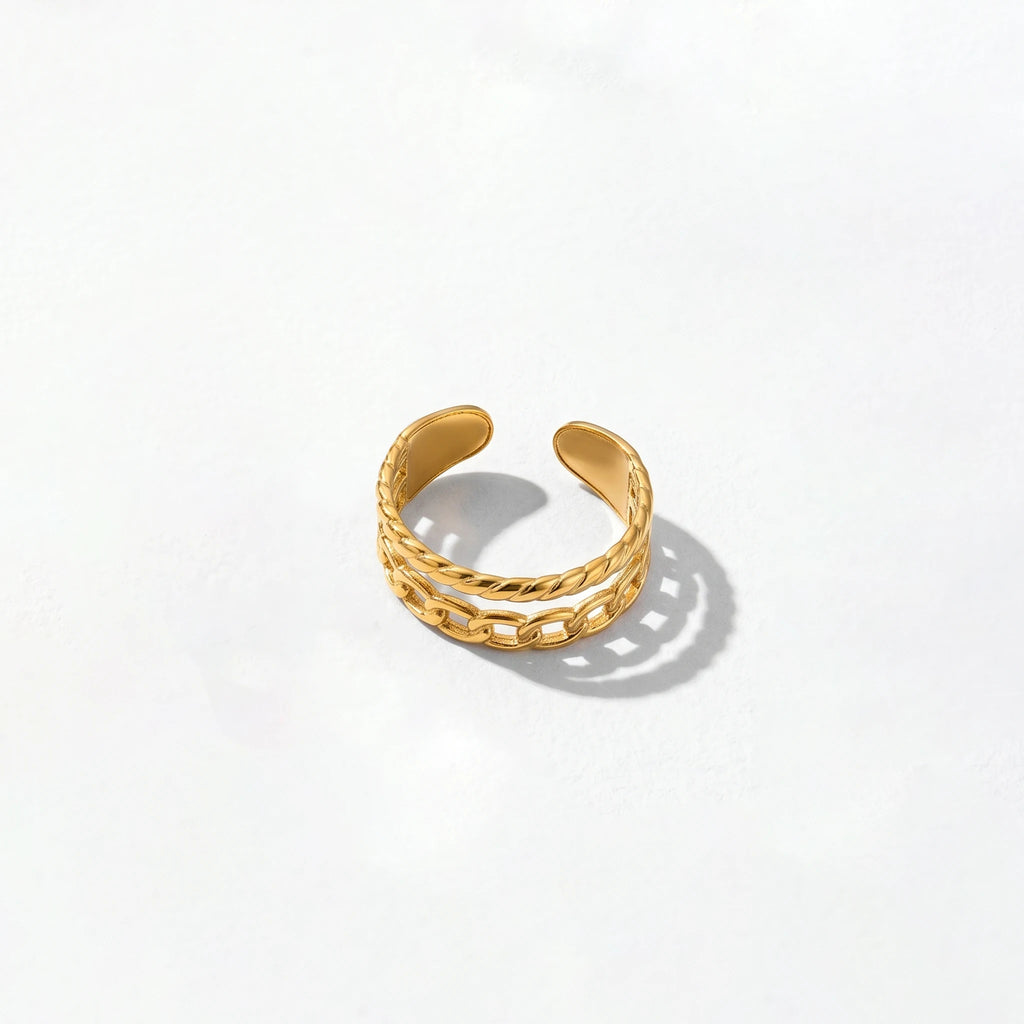 QIAOREN 10709 5Pcs Trendy Gold Plated Stainless Steel Adjustable Stackable Inlay Statement Ring Watch Set for Women
