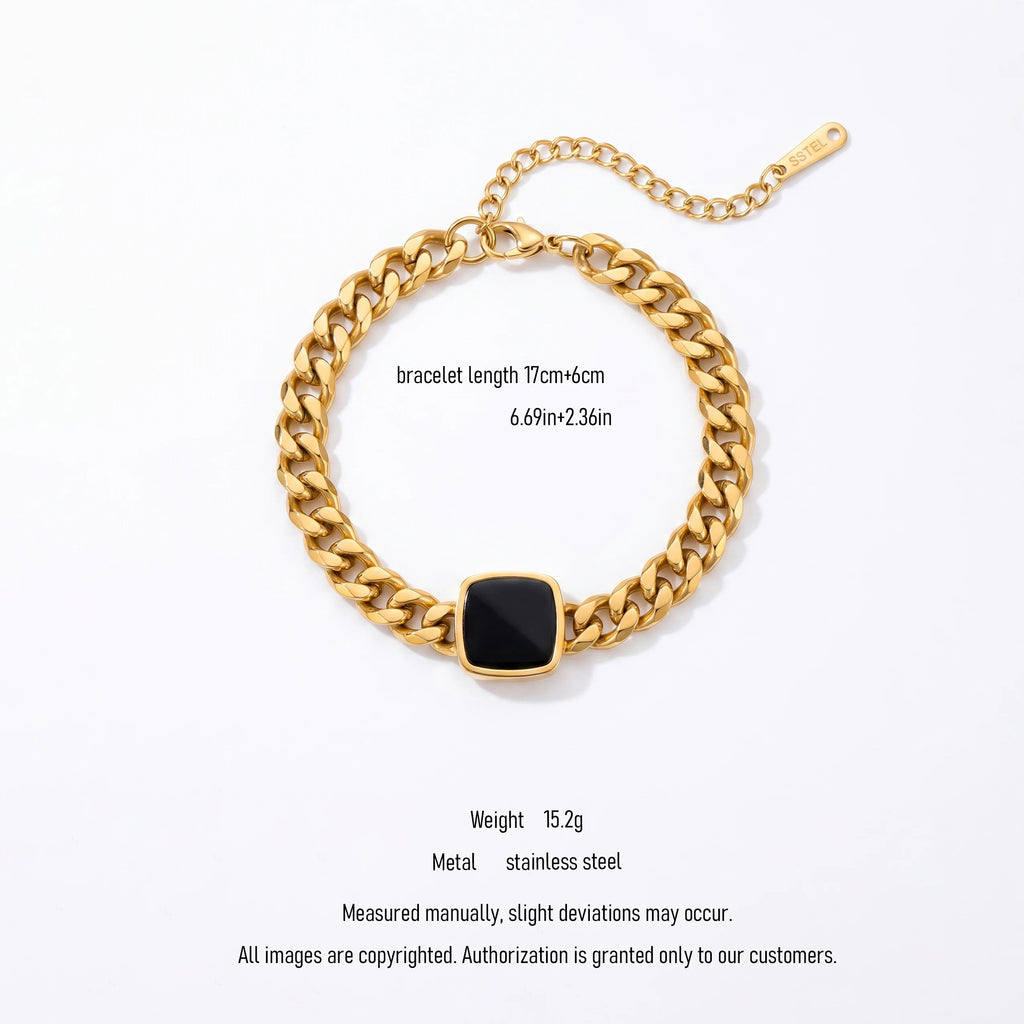 QIAOREN 10786 18K Gold Plated Stainless Steel Cuban Bracelet Black Square Onyx Pendant Waterproof Non Tarnish Adjustable Jewelry